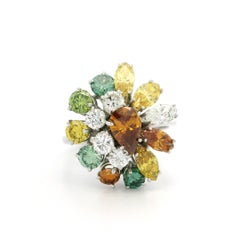 Solid White Gold 3.08ctw White & Colored Diamonds Cluster Cocktail Ring