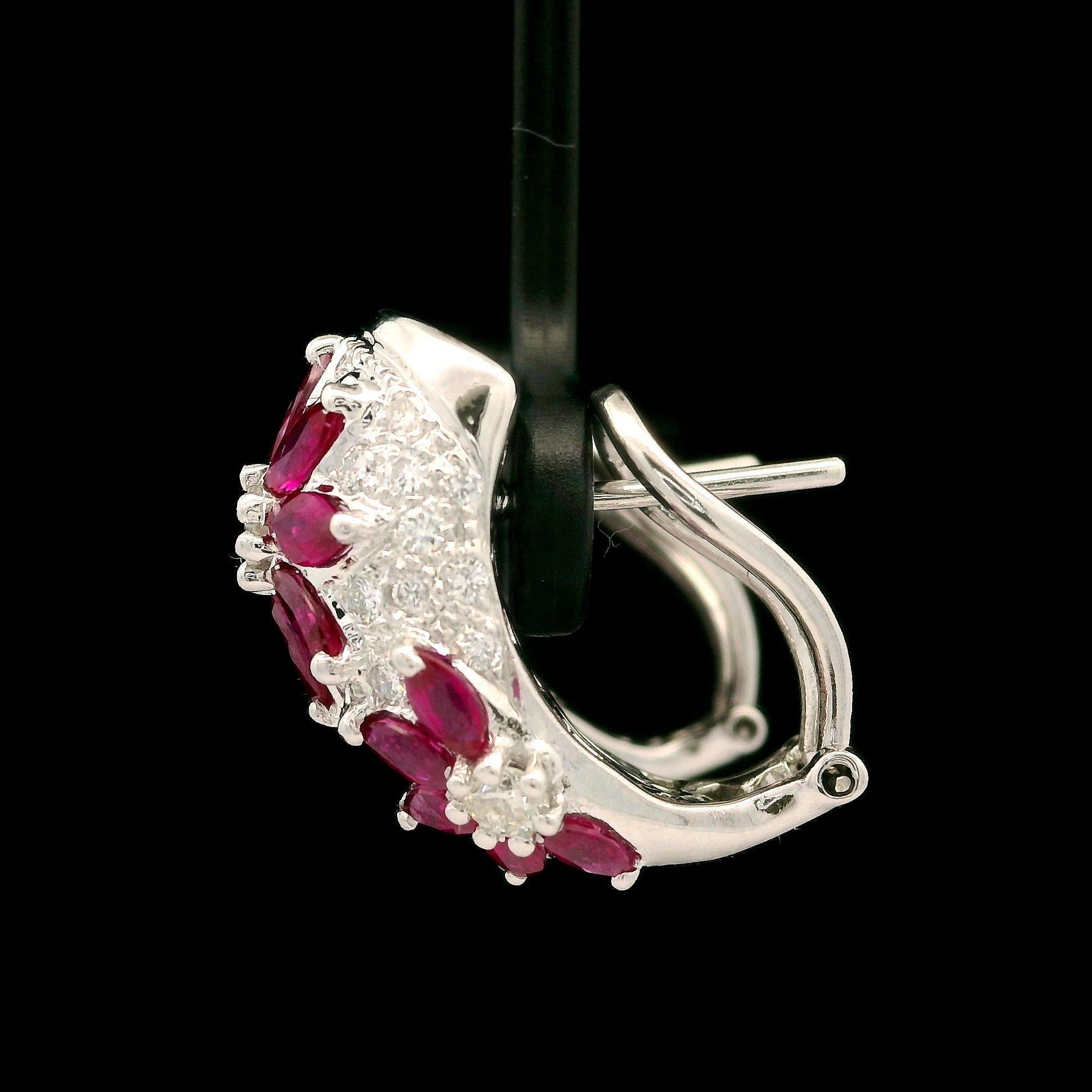 Marquise Cut Solid White Gold 4.10ctw Ruby & Diamond Floral Cuff Earrings Omega Closures For Sale