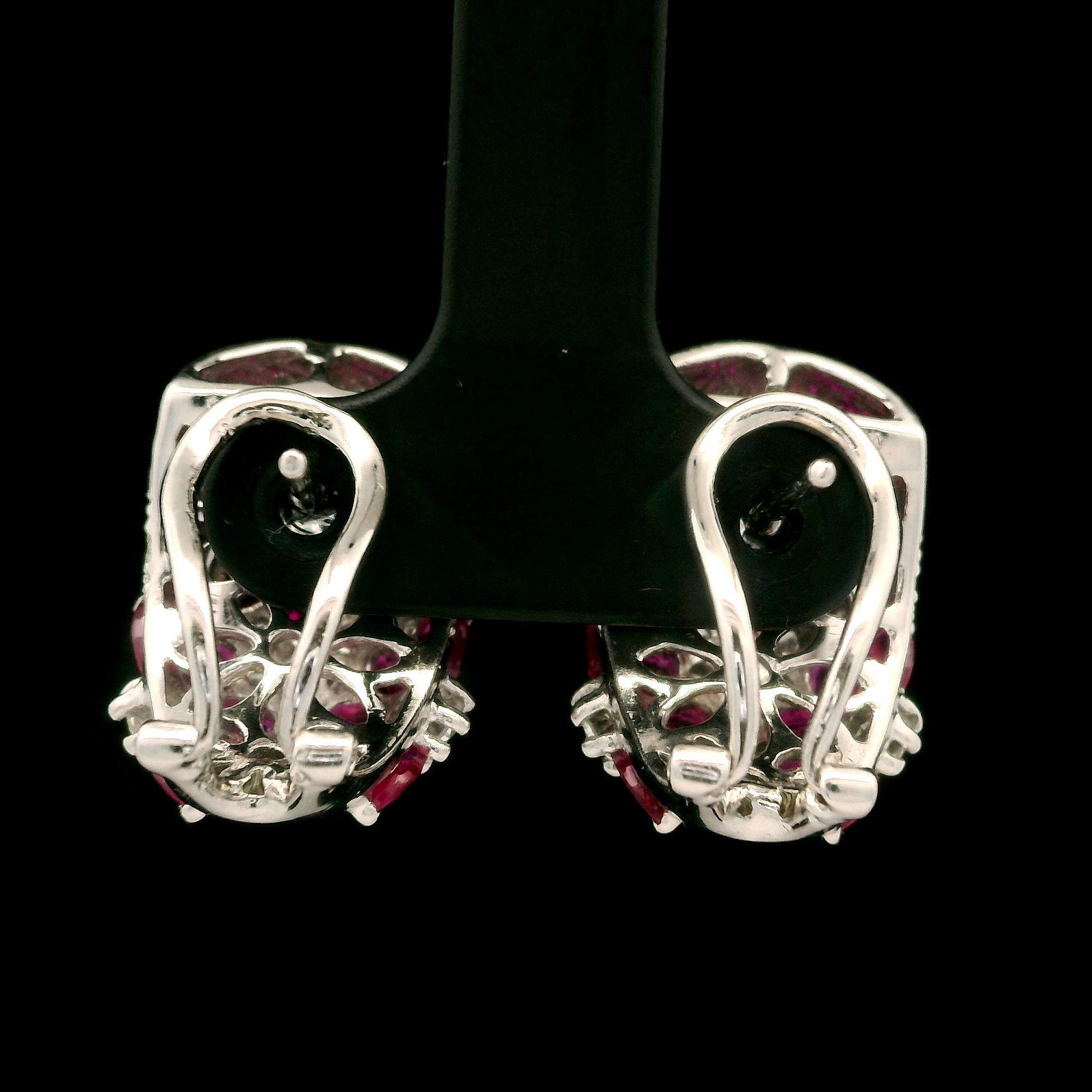 Solid White Gold 4.10ctw Ruby & Diamond Floral Cuff Earrings Omega Closures In Excellent Condition For Sale In Montclair, NJ