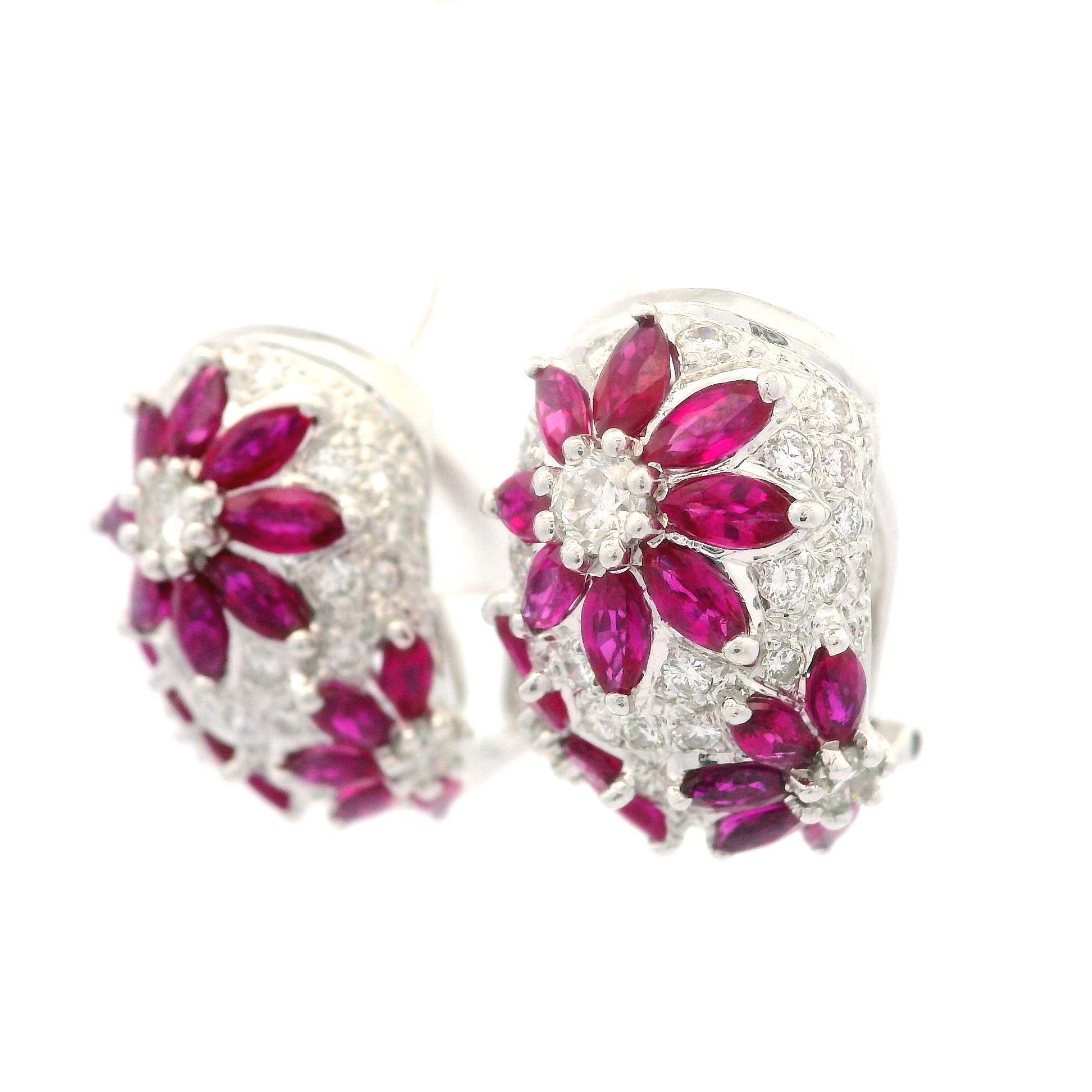 Women's Solid White Gold 4.10ctw Ruby & Diamond Floral Cuff Earrings Omega Closures For Sale