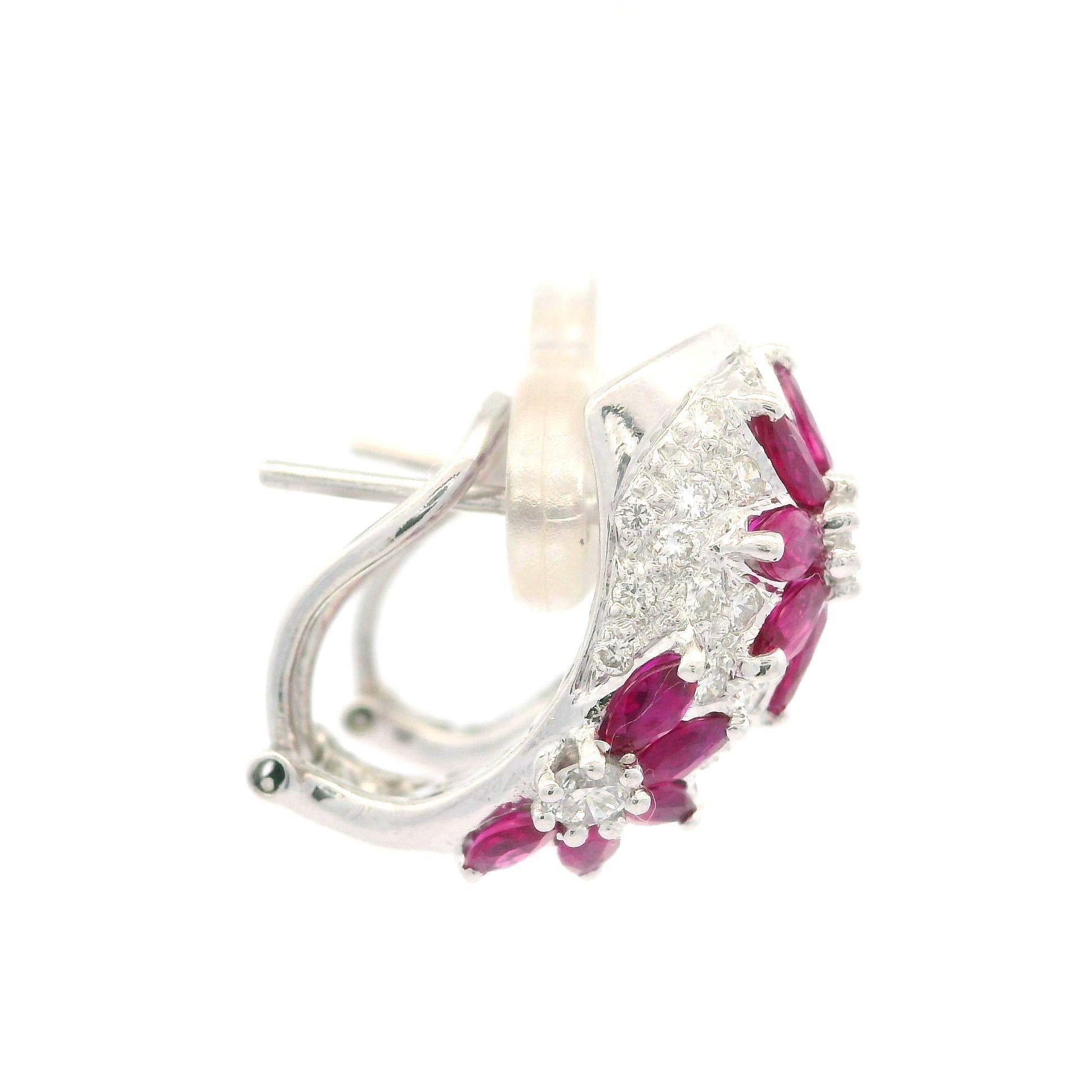 Solid White Gold 4.10ctw Ruby & Diamond Floral Cuff Earrings Omega Closures For Sale 2