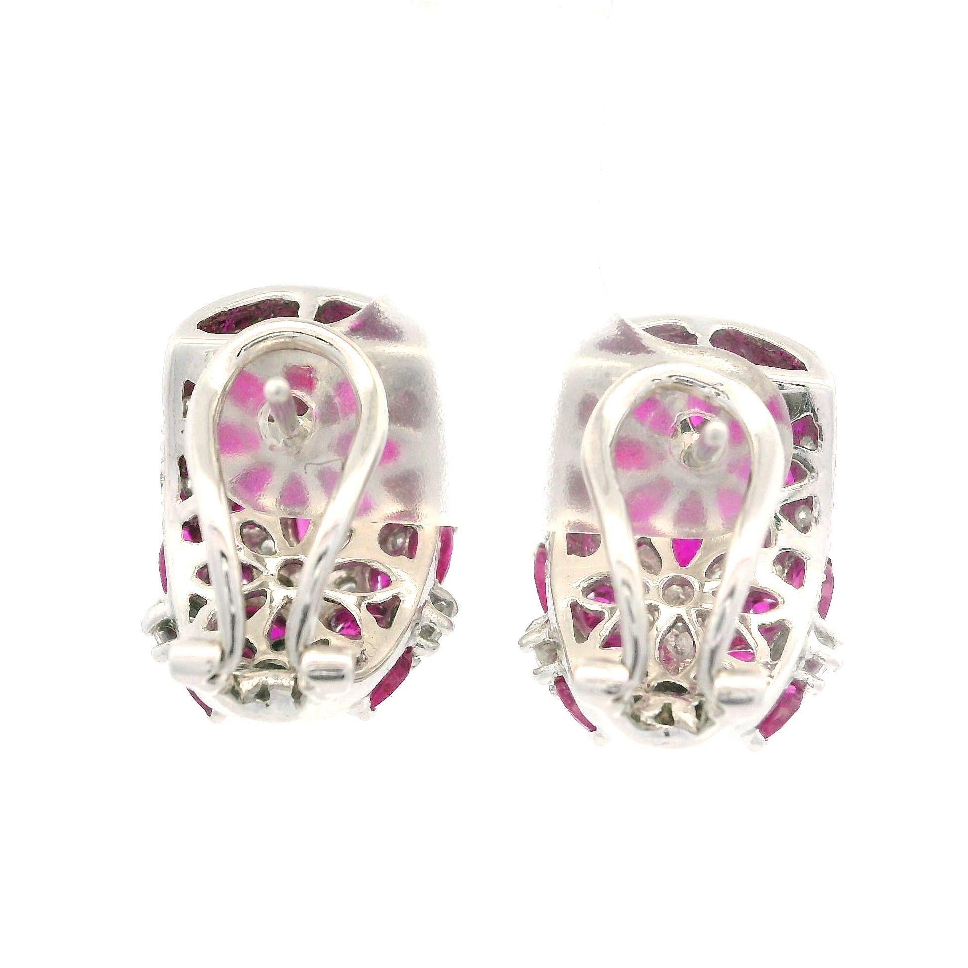 Solid White Gold 4.10ctw Ruby & Diamond Floral Cuff Earrings Omega Closures For Sale 3