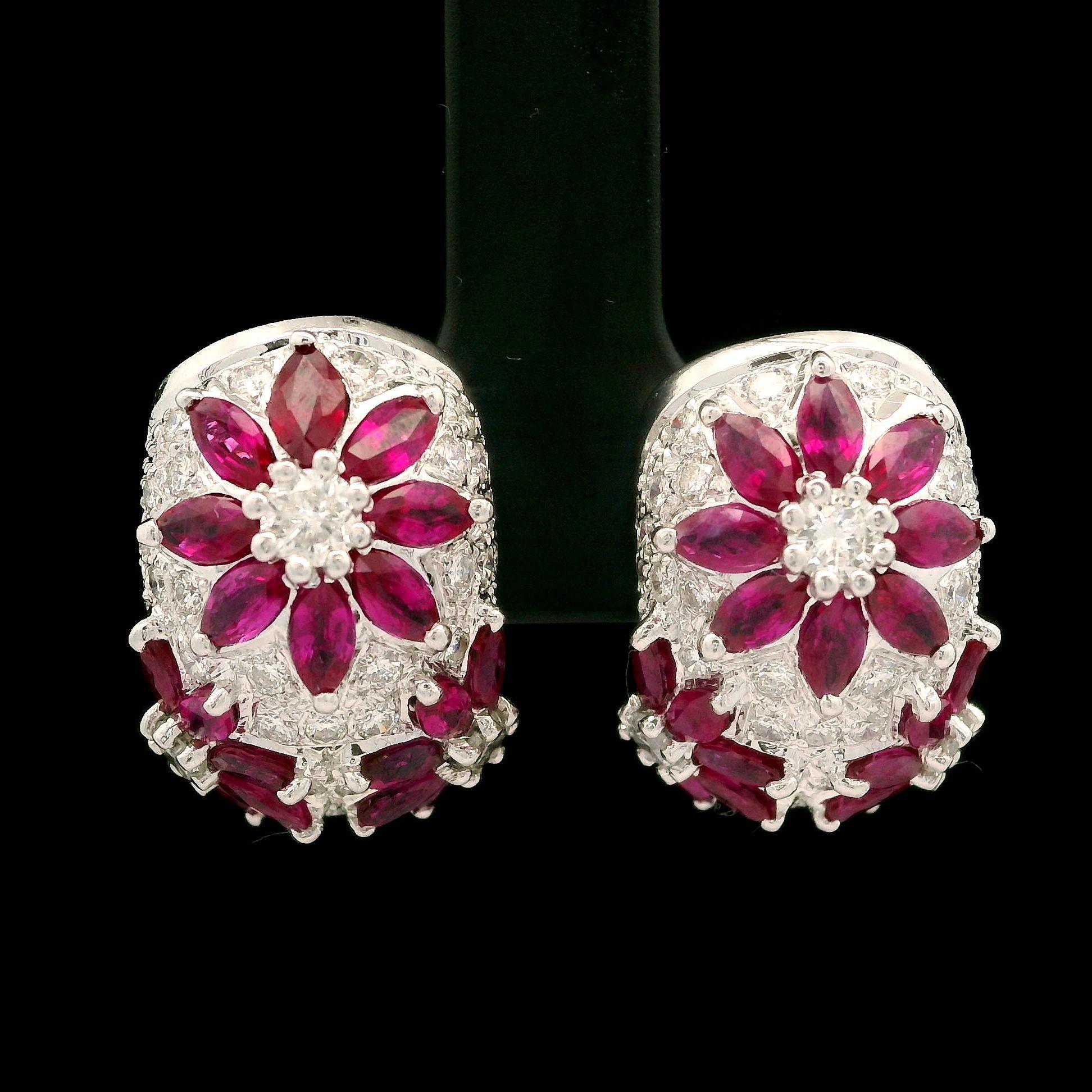 Solid White Gold 4.10ctw Ruby & Diamond Floral Cuff Earrings Omega Closures For Sale 4