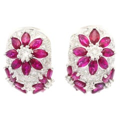 Solid White Gold 4.10ctw Ruby & Diamond Floral Cuff Earrings Omega Closures
