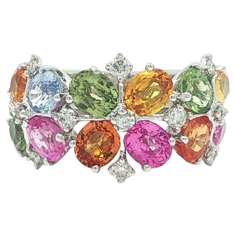 Solid White Gold 5.75ctw Oval Multi Color Sapphire w/ Diamond Wide Band Ring