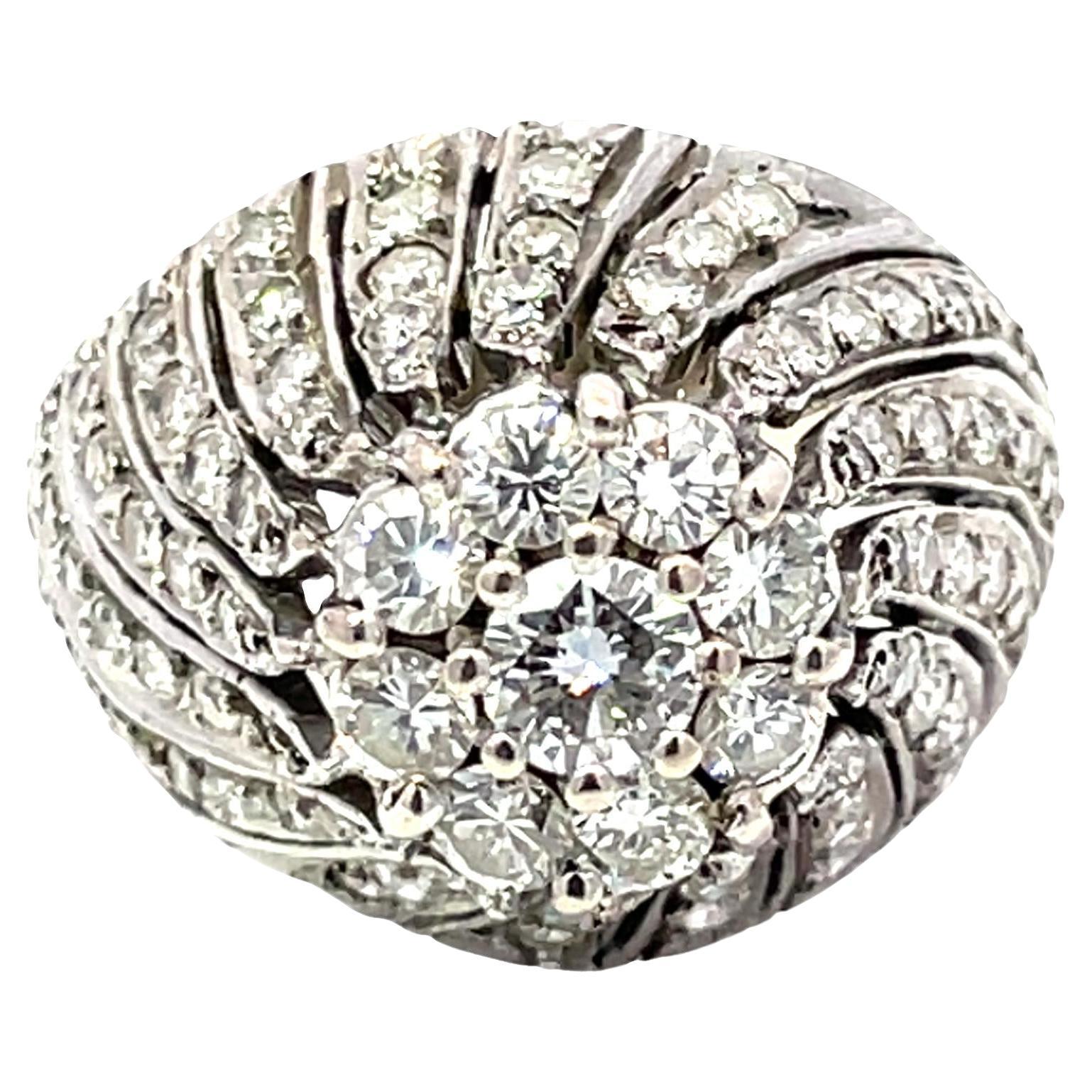 Solid White Gold Diamond Pave Swirl Cluster Ring For Sale