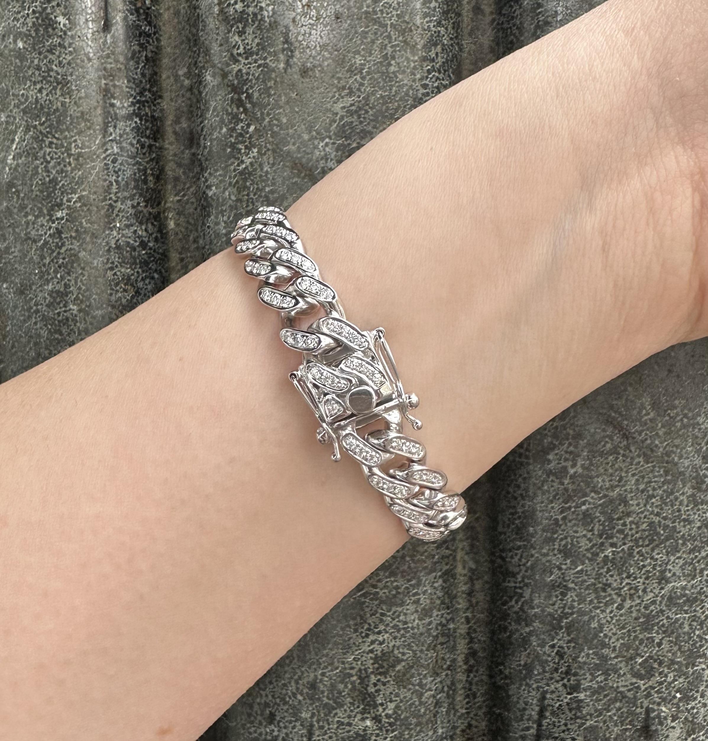 De las mujeres Pulsera de eslabones cubana de oro blanco macizo de alta calidad recubierta de diamantes de 3 ctw