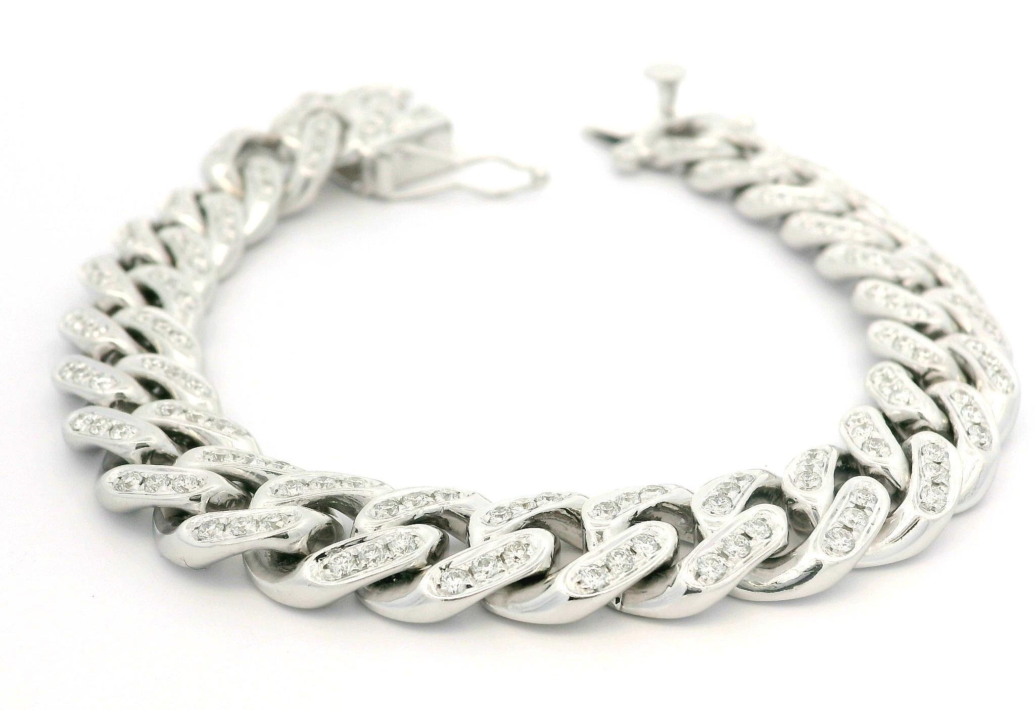 Pulsera de eslabones cubana de oro blanco macizo de alta calidad recubierta de diamantes de 3 ctw 1