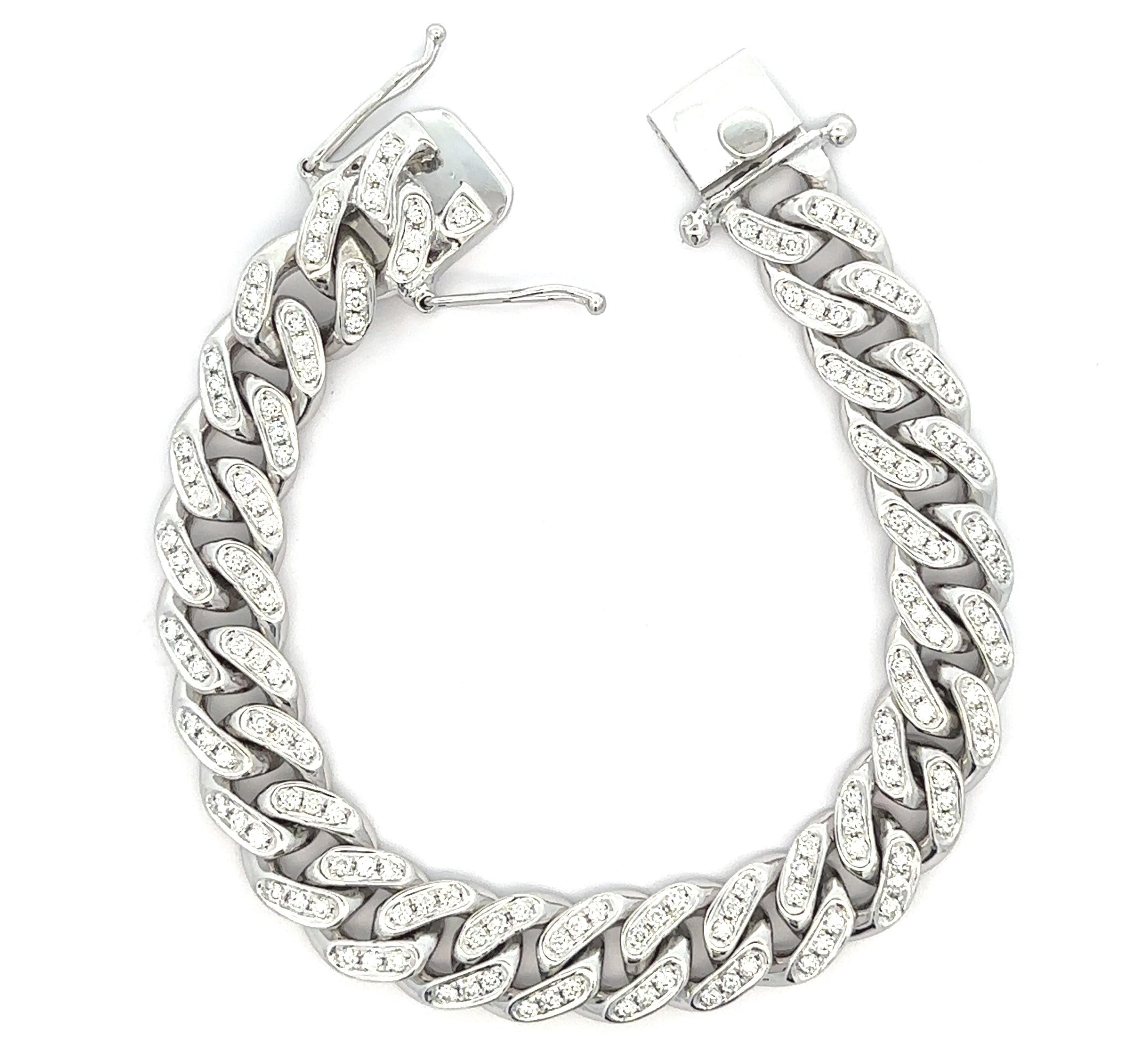 Pulsera de eslabones cubana de oro blanco macizo de alta calidad recubierta de diamantes de 3 ctw 2