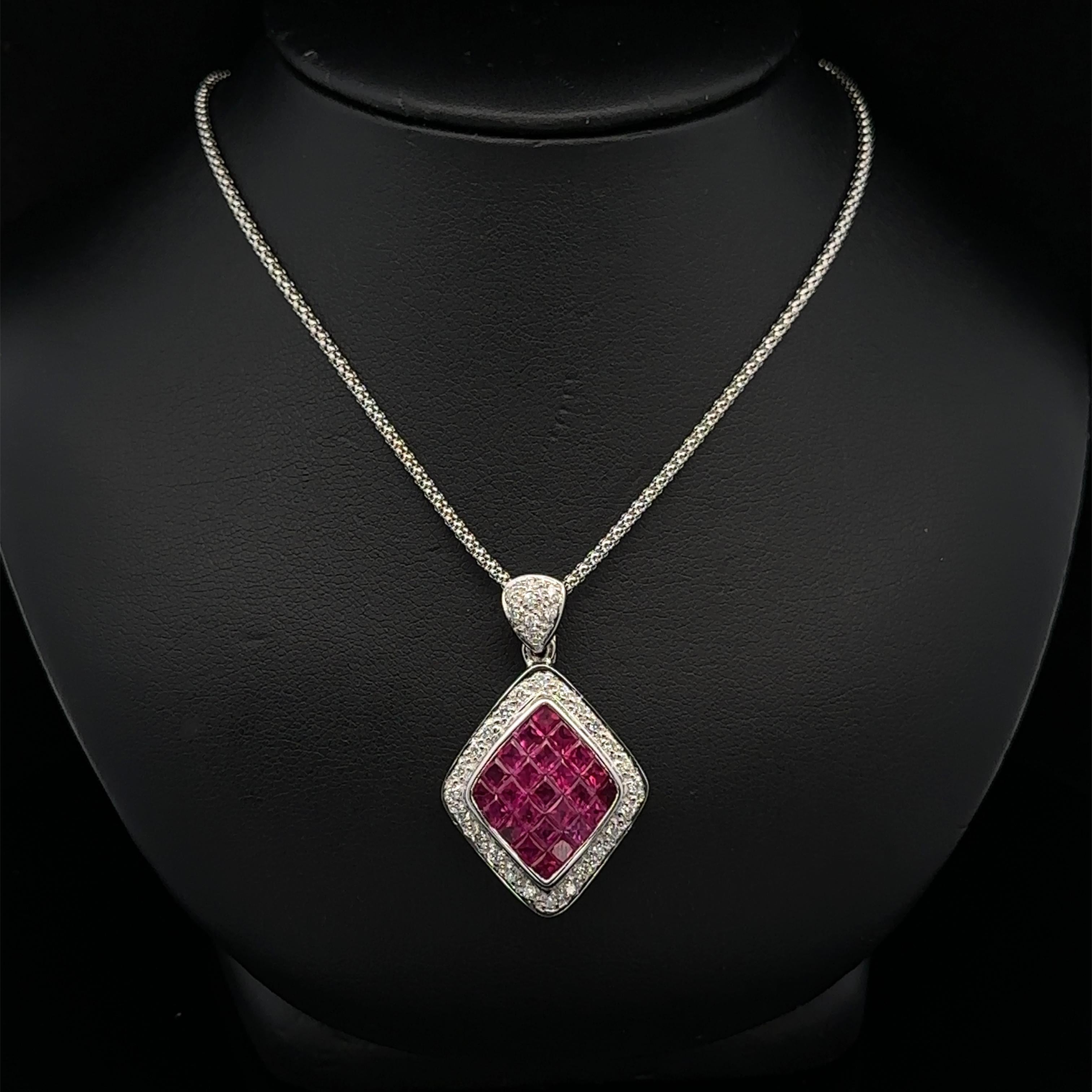 Solid White Gold Invisible Set 5.56ctw Ruby Diamond Large Enhancer Pendant Chain For Sale 5