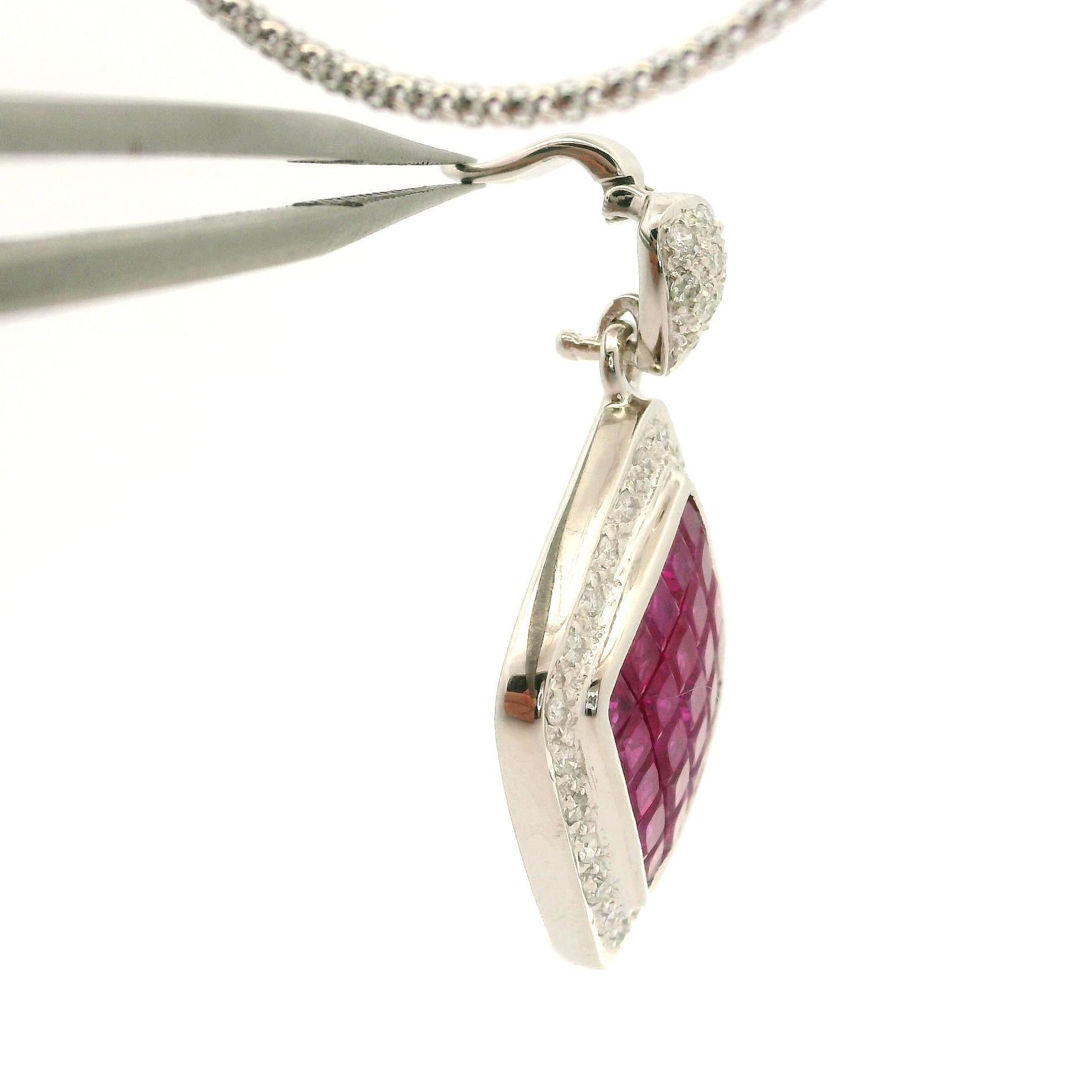 Women's Solid White Gold Invisible Set 5.56ctw Ruby Diamond Large Enhancer Pendant Chain For Sale