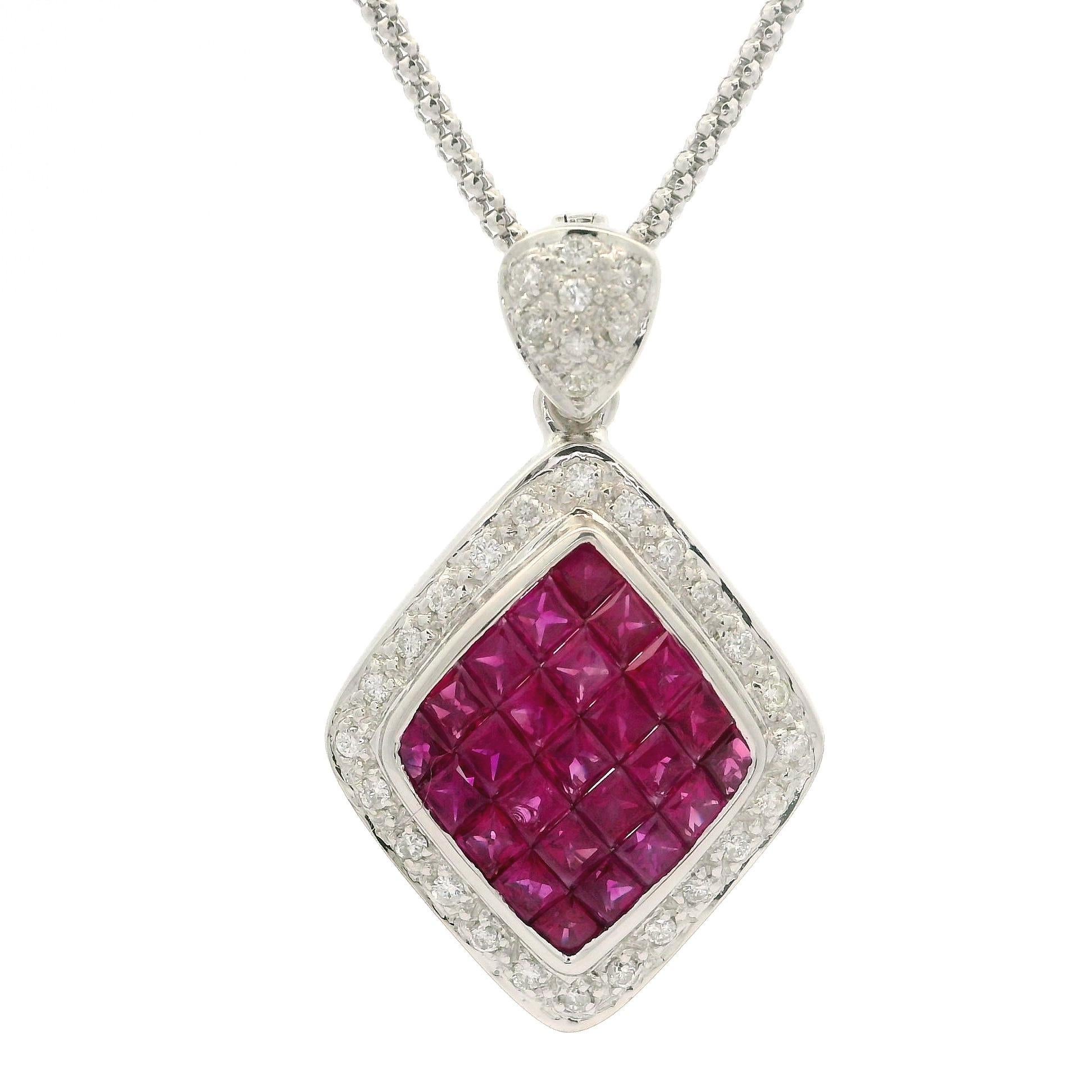 Solid White Gold Invisible Set 5.56ctw Ruby Diamond Large Enhancer Pendant Chain For Sale 1