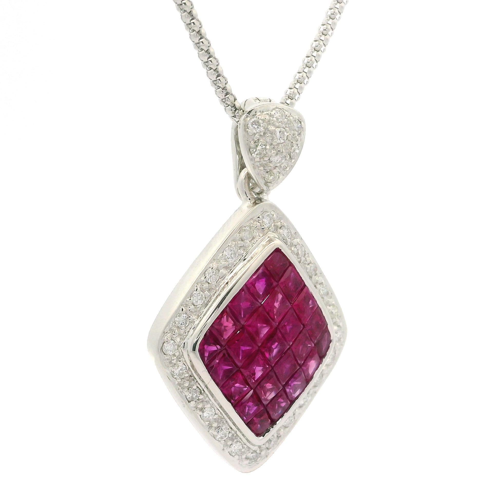 Solid White Gold Invisible Set 5.56ctw Ruby Diamond Large Enhancer Pendant Chain For Sale 2