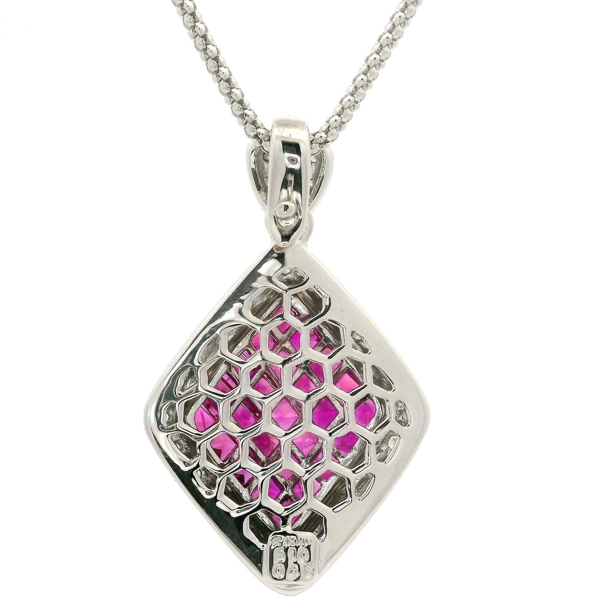 Solid White Gold Invisible Set 5.56ctw Ruby Diamond Large Enhancer Pendant Chain For Sale 3