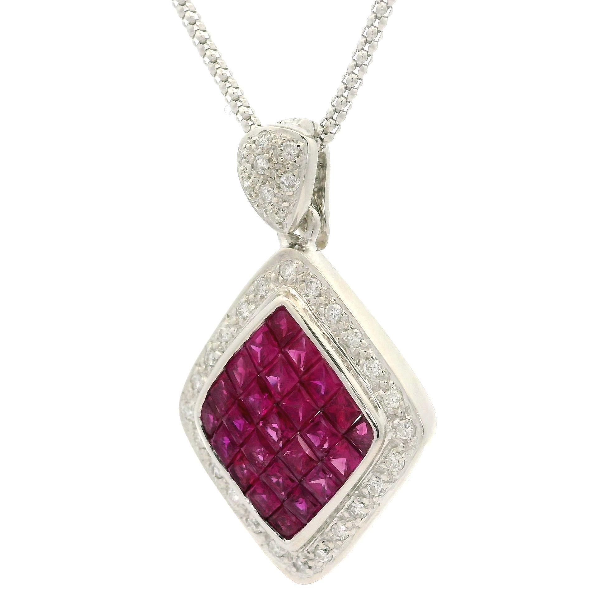 Solid White Gold Invisible Set 5.56ctw Ruby Diamond Large Enhancer Pendant Chain For Sale 4