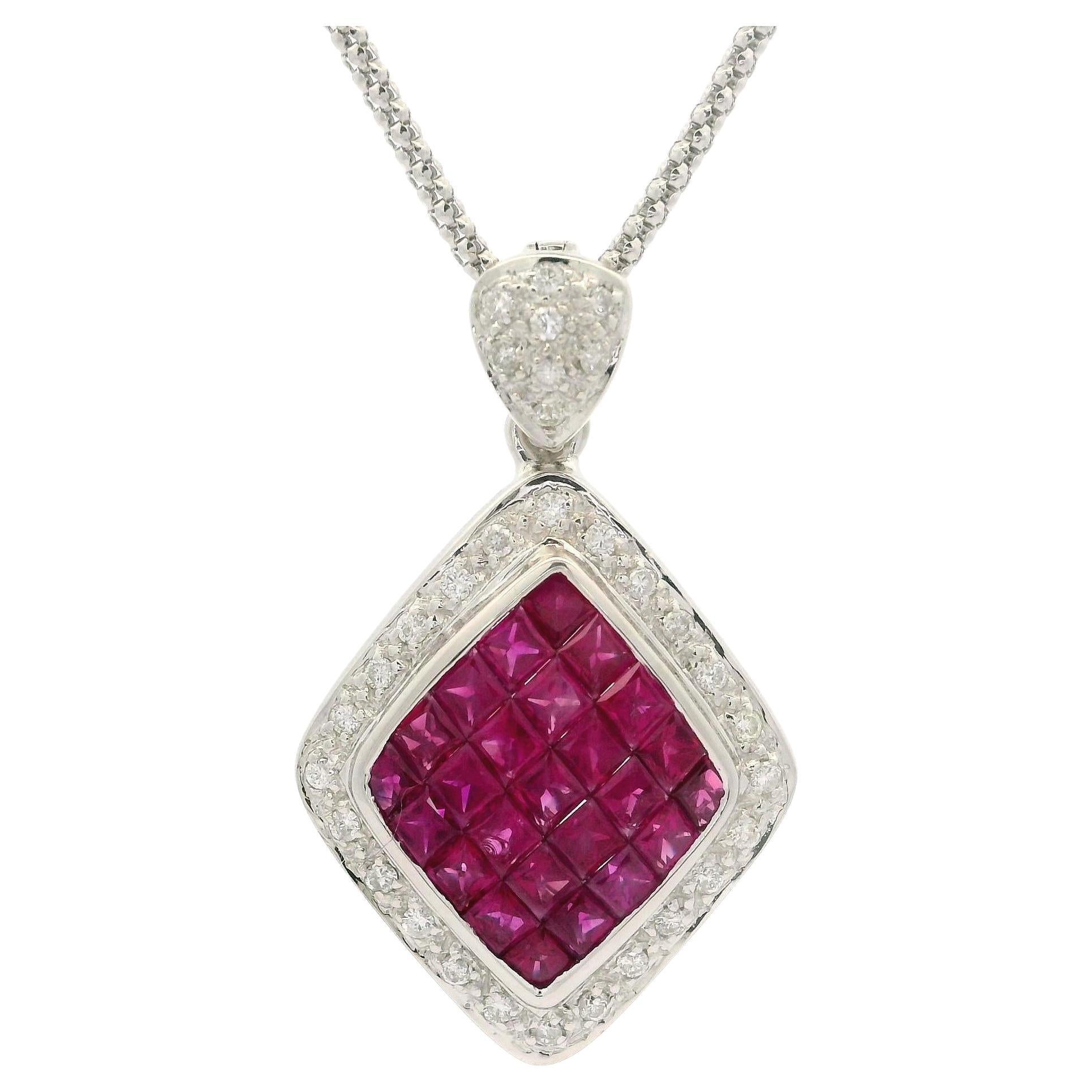 Solid White Gold Invisible Set 5.56ctw Ruby Diamond Large Enhancer Pendant Chain For Sale