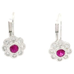 Solid White Gold Milgrain Bezel Set Ruby & Diamonds Petite Flower Drop Earring