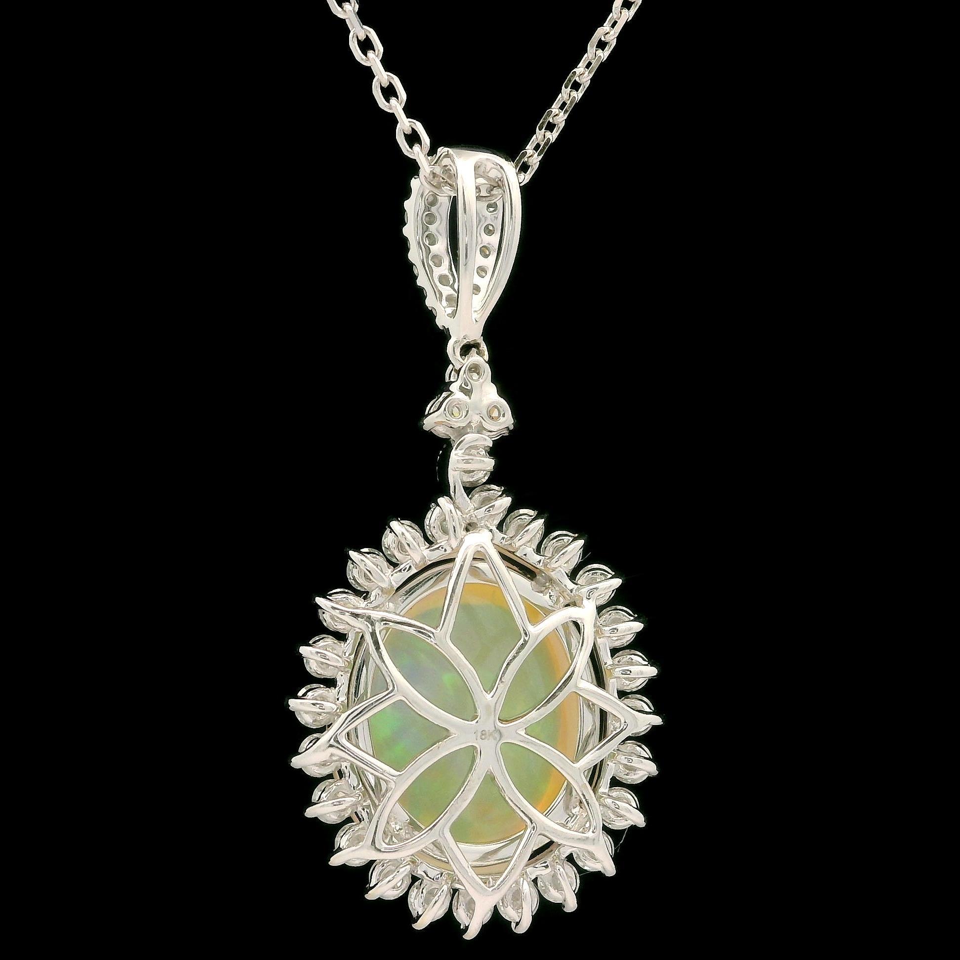 Solid White Gold Opal & Diamond Pendant on 16