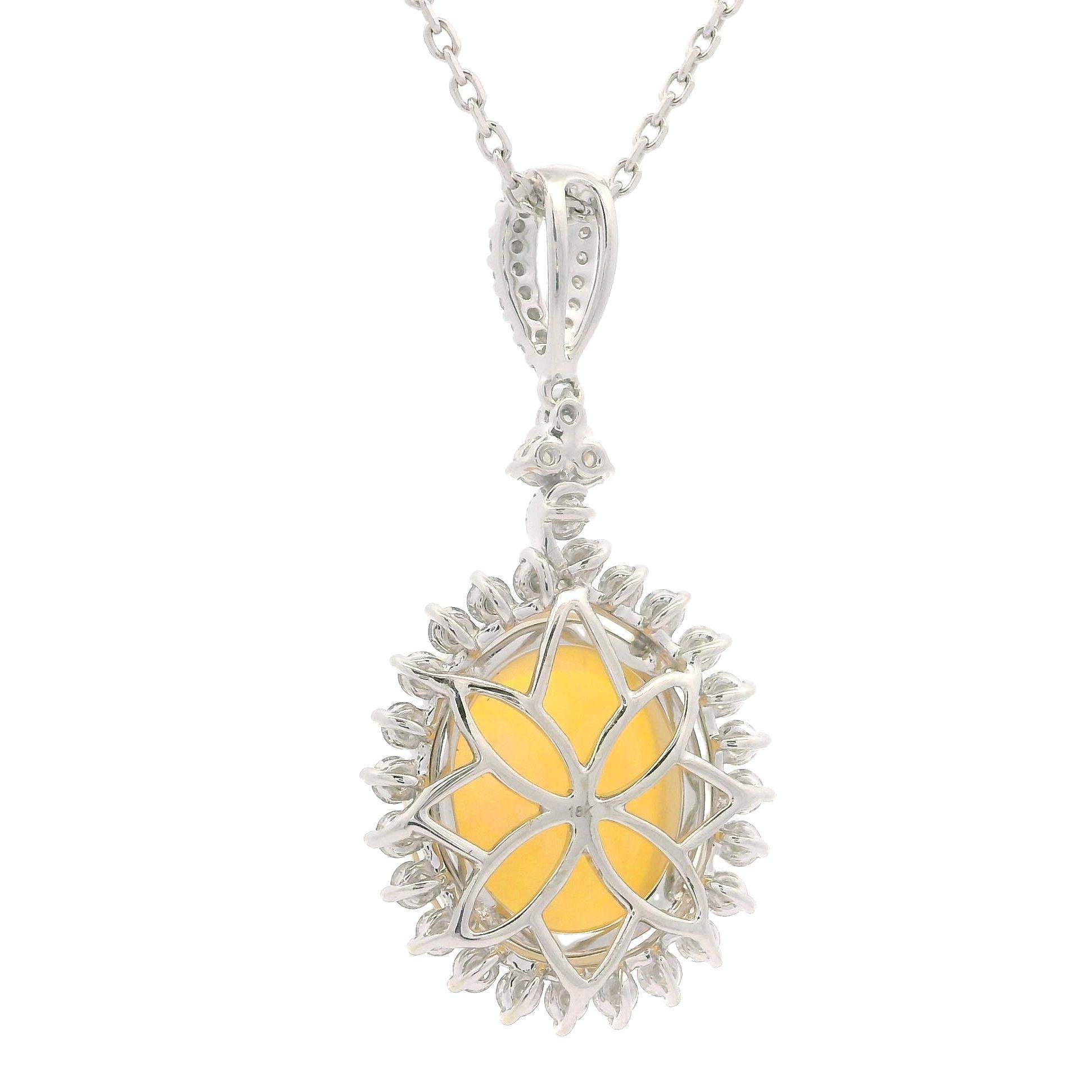 Cabochon Solid White Gold Opal & Diamond Pendant on 16