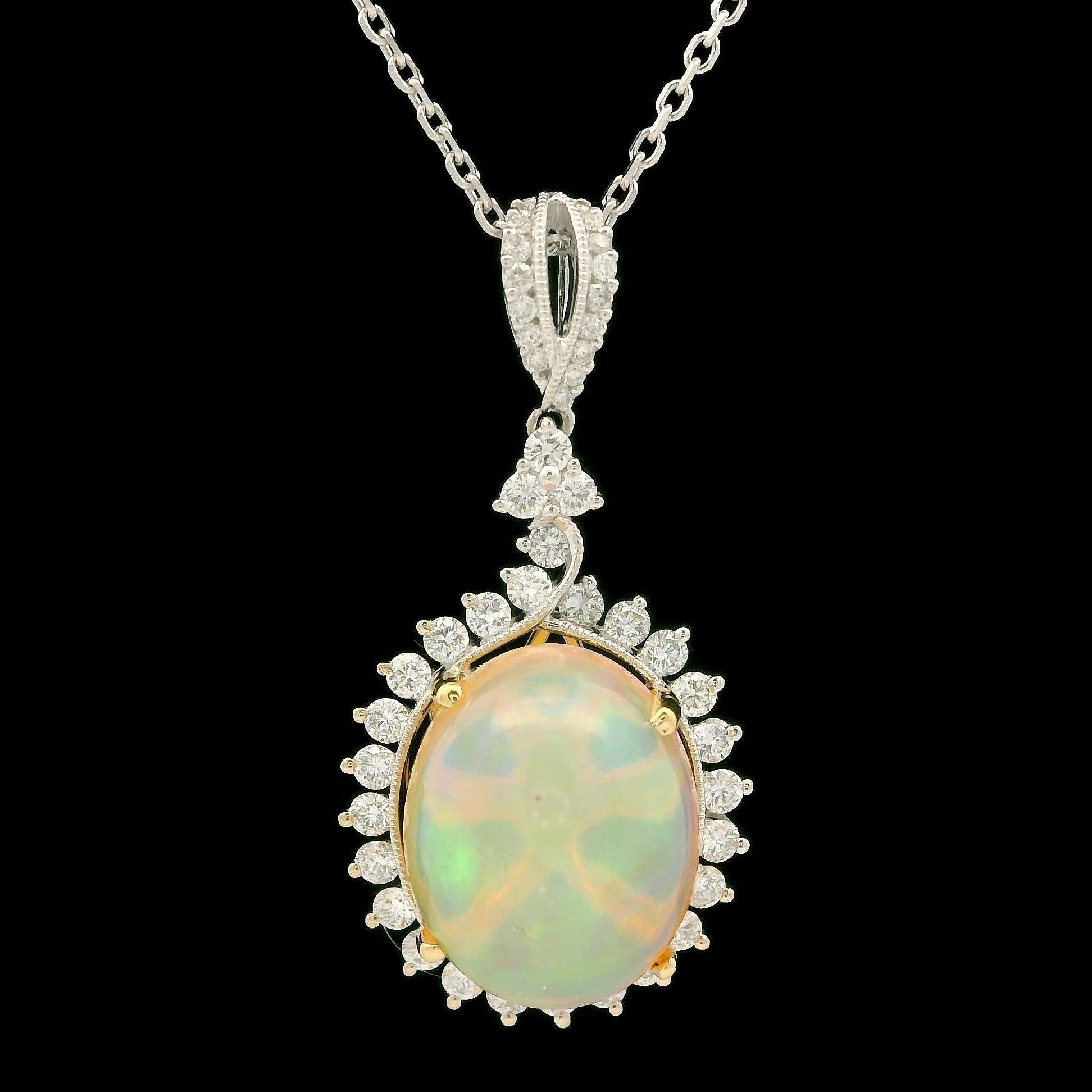 Women's Solid White Gold Opal & Diamond Pendant on 16