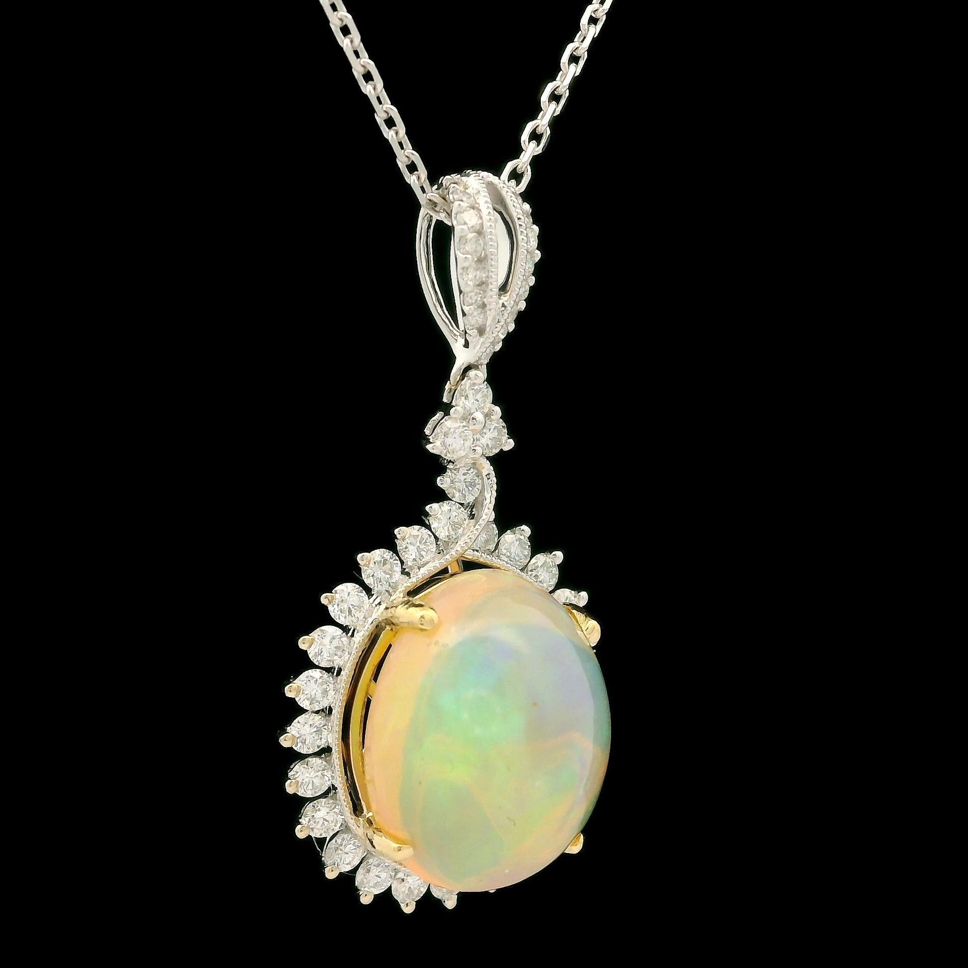Solid White Gold Opal & Diamond Pendant on 16