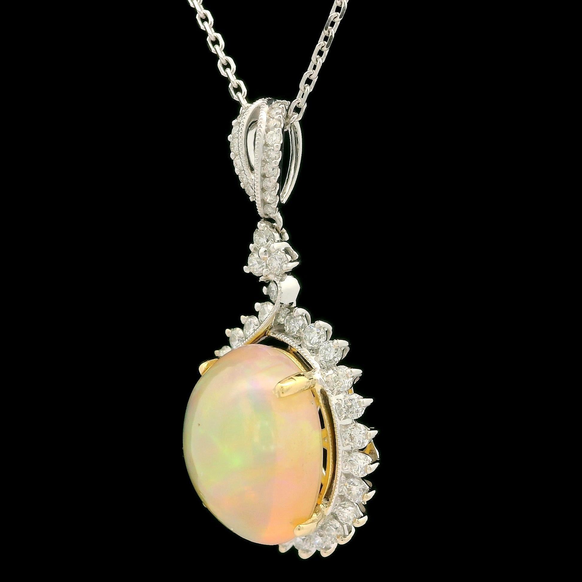 Solid White Gold Opal & Diamond Pendant on 16