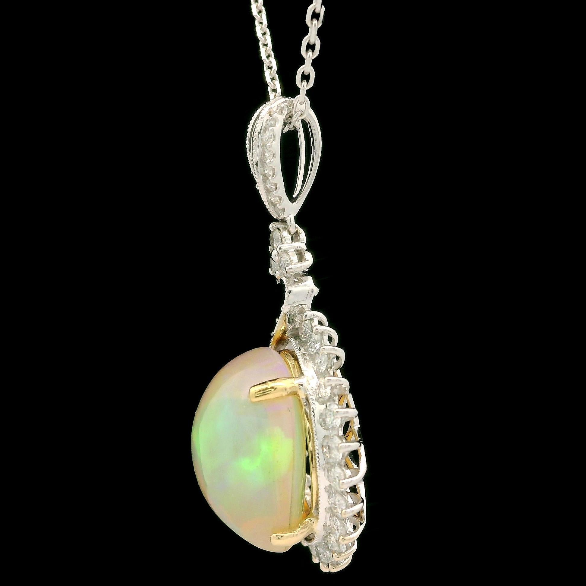 Solid White Gold Opal & Diamond Pendant on 16