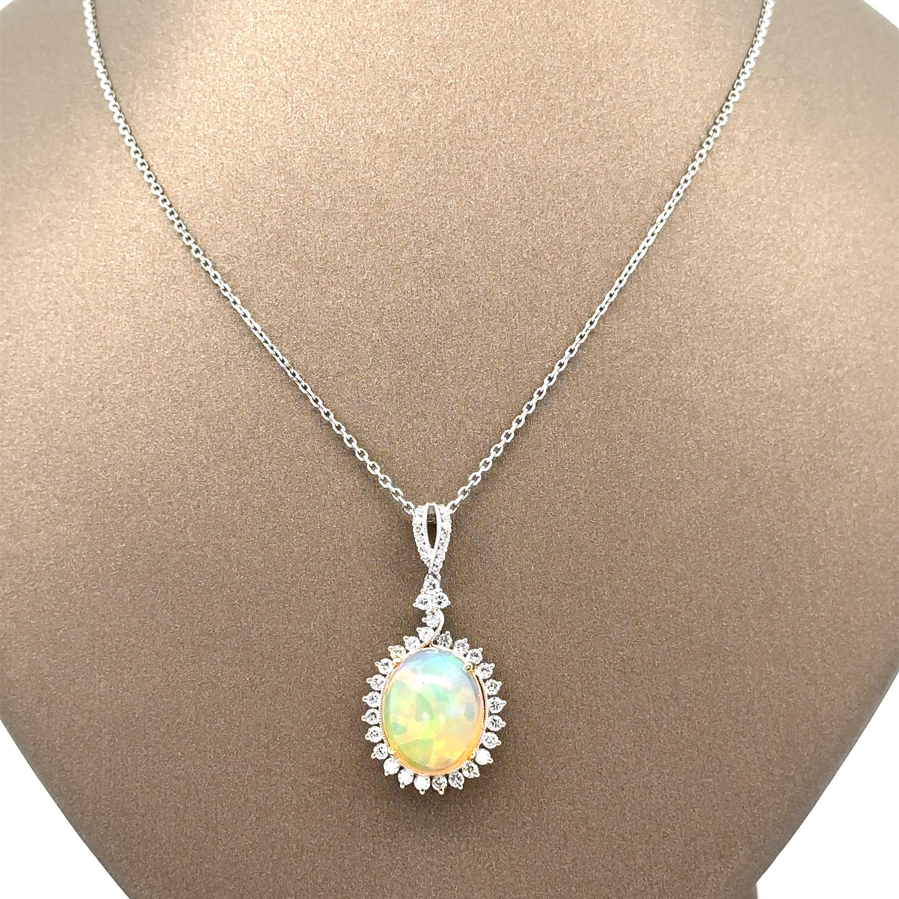 Solid White Gold Opal & Diamond Pendant on 16