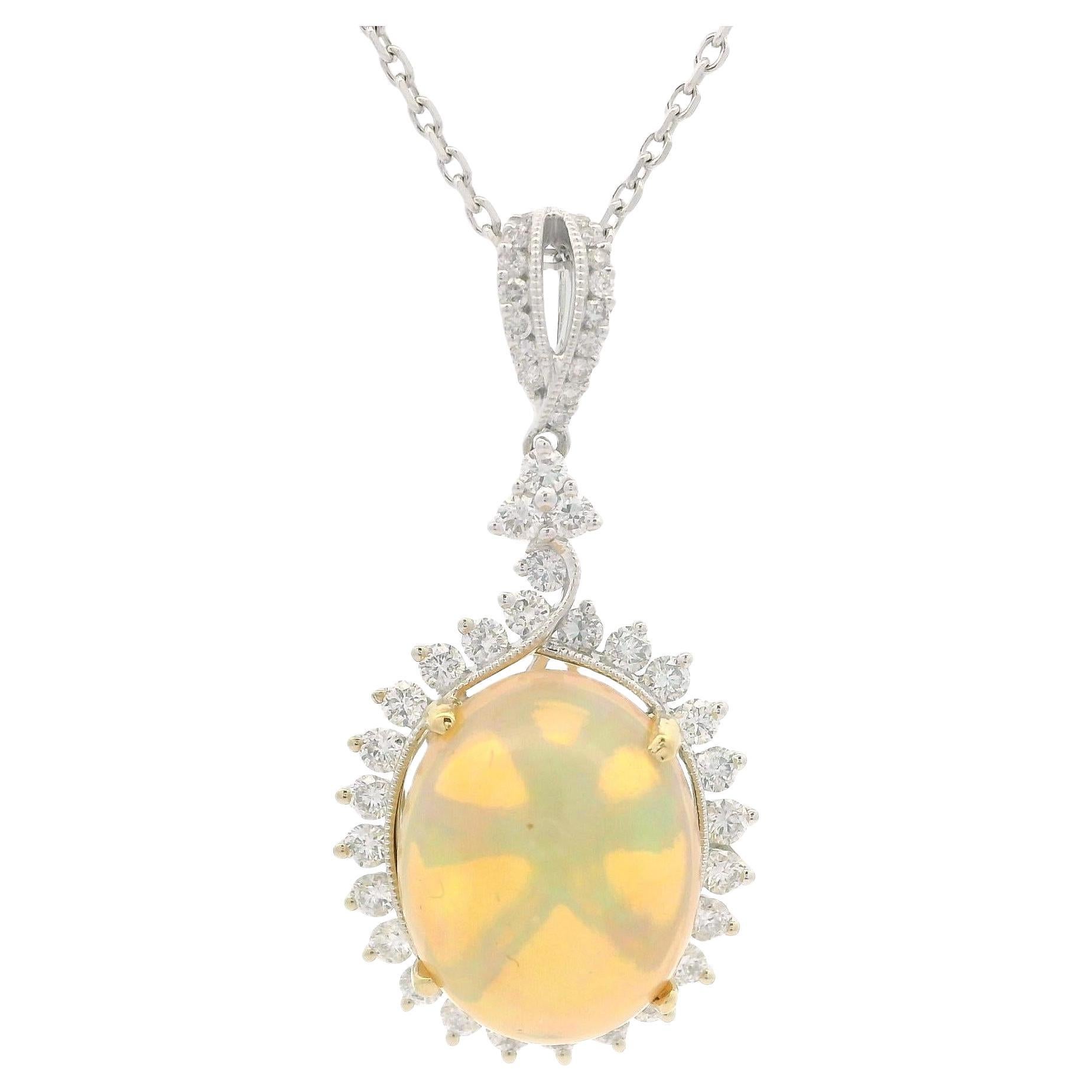 Solid White Gold Opal & Diamond Pendant on 16" Cable Link Necklace For Sale