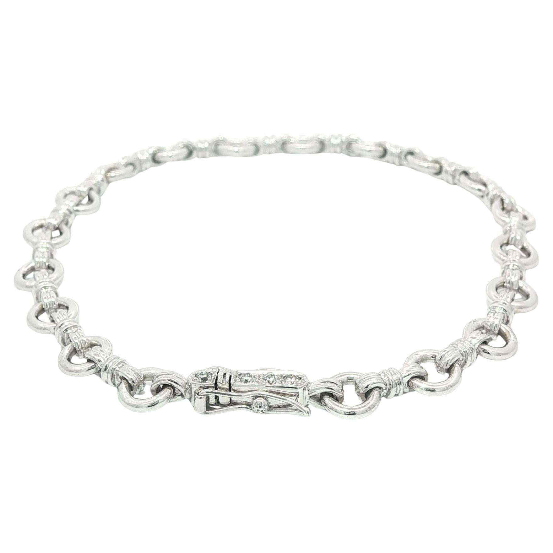 Solid White Gold Open Round Link Charm Bracelet w/ Diamond Accent Push Clasp