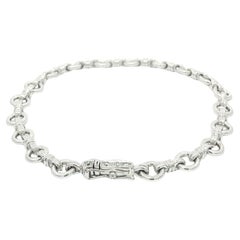 Solid White Gold Open Round Link Charm Bracelet w/ Diamond Accent Push Clasp