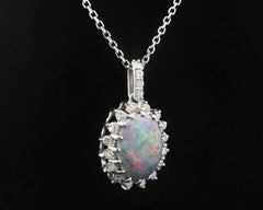 Solid White Gold Oval Opal w/ Diamond Halo Pendant Cable Link Chain Necklace