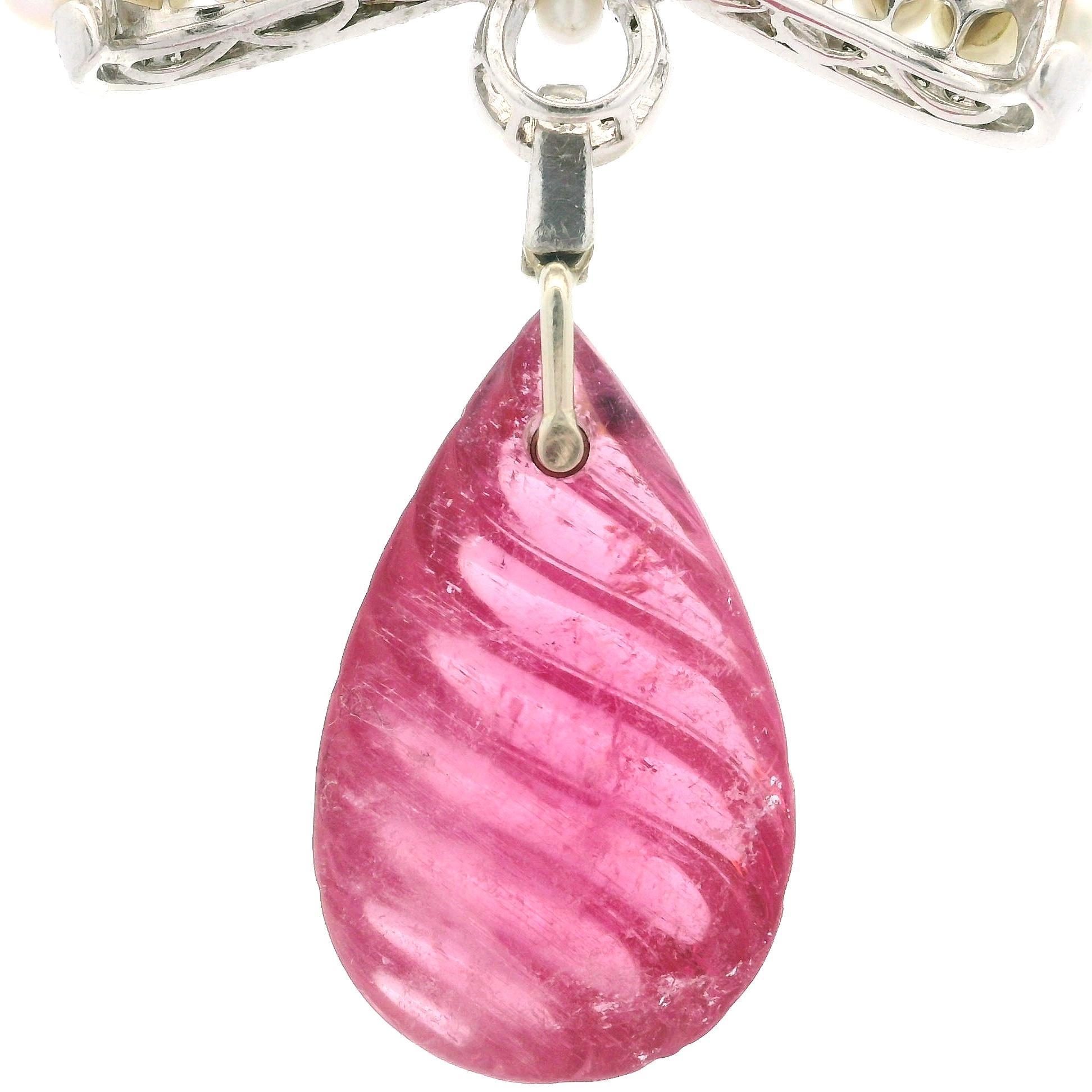 Brilliant Cut Solid White Gold Spiral Grooved Pink Tourmaline Diamond & Pearl Bow Pin Brooch For Sale
