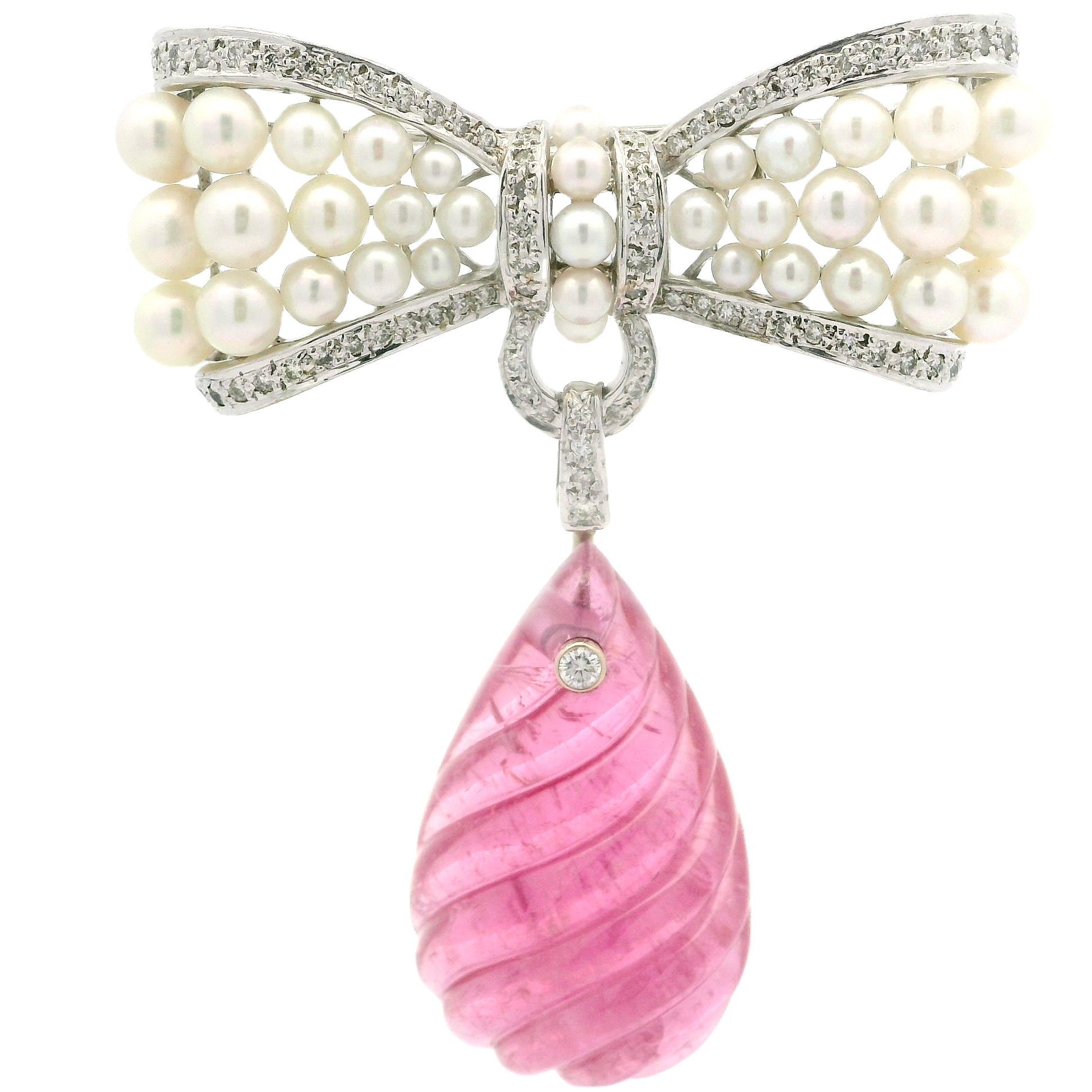 Women's Solid White Gold Spiral Grooved Pink Tourmaline Diamond & Pearl Bow Pin Brooch For Sale