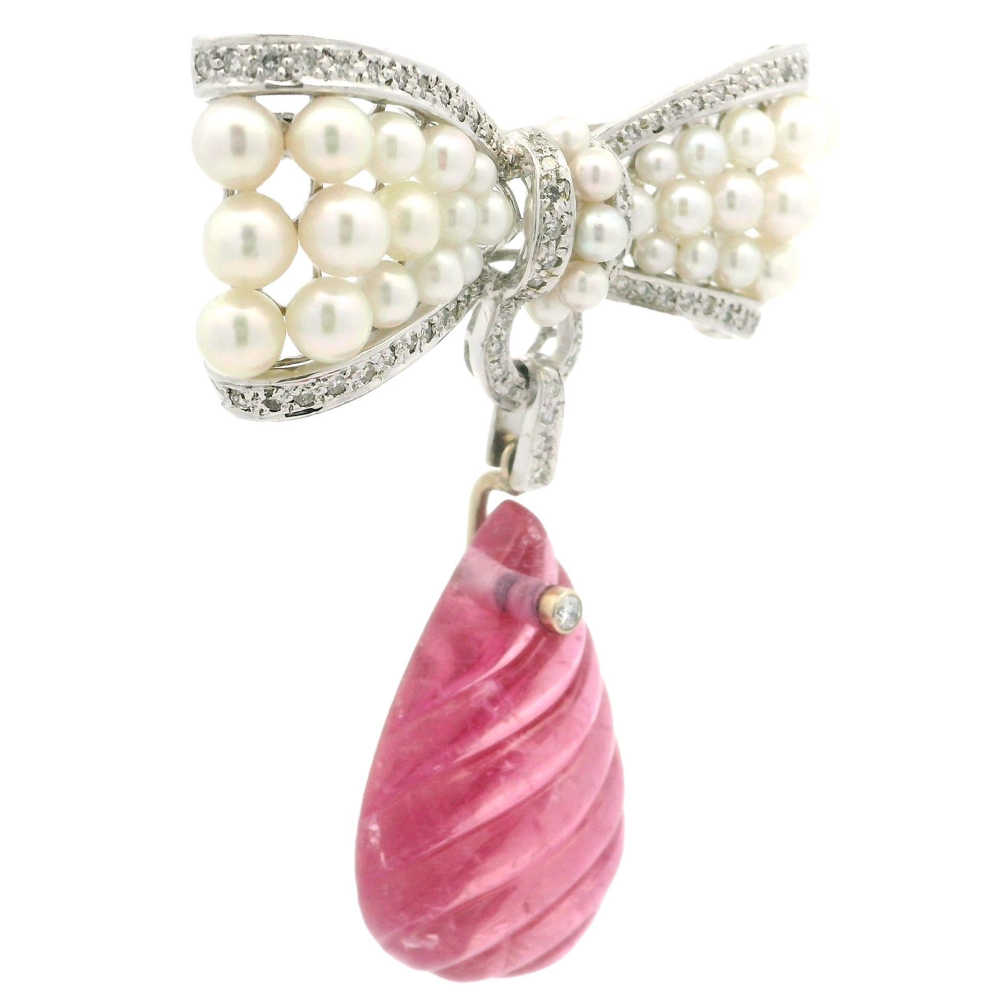 Solid White Gold Spiral Grooved Pink Tourmaline Diamond & Pearl Bow Pin Brooch For Sale 1