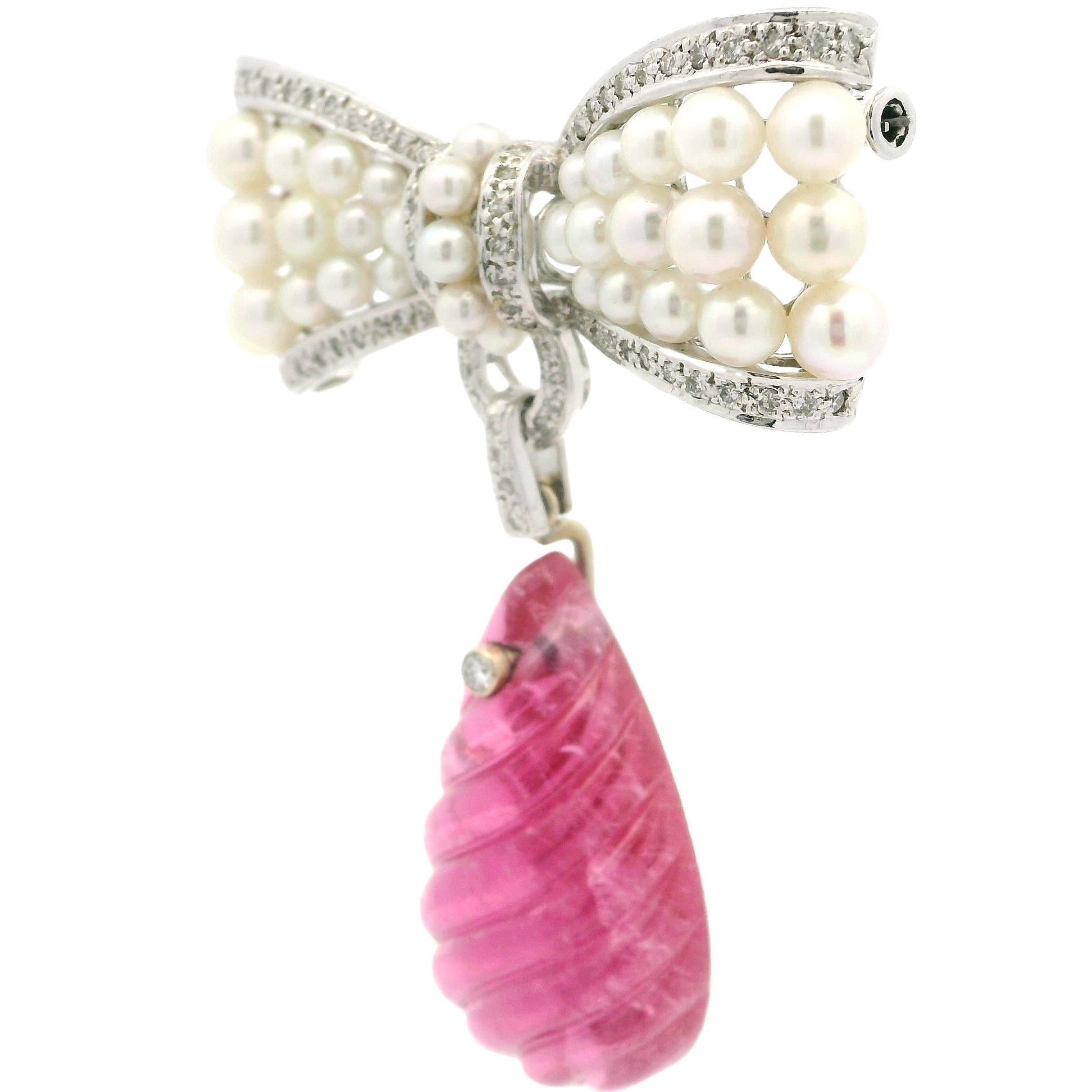 Solid White Gold Spiral Grooved Pink Tourmaline Diamond & Pearl Bow Pin Brooch For Sale 2