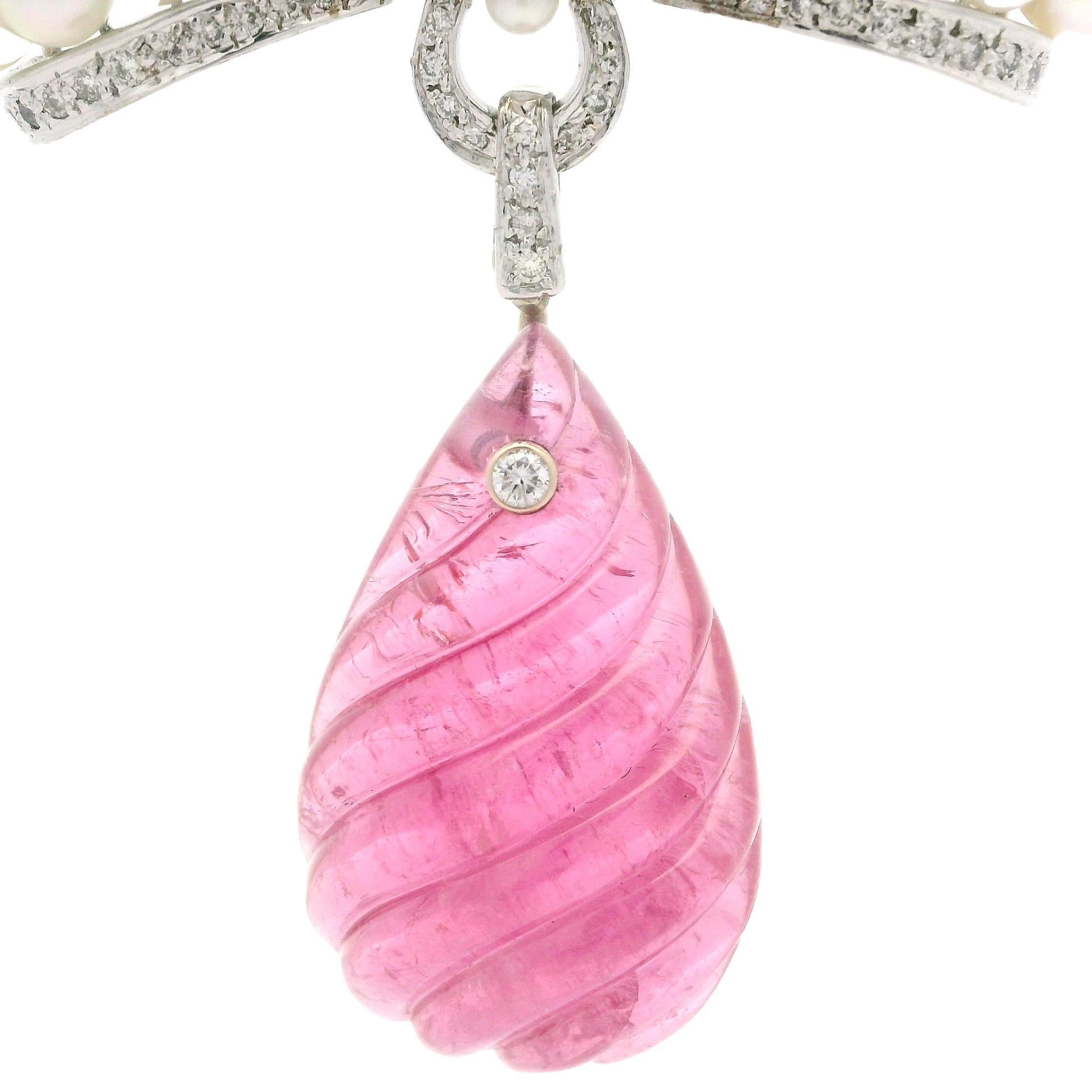 Solid White Gold Spiral Grooved Pink Tourmaline Diamond & Pearl Bow Pin Brooch For Sale 4