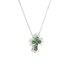 Solid White Gold Tsavorite & Diamond Mini Cross Slide Pendant Chain Necklace