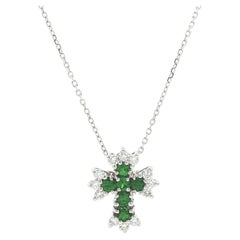Solid White Gold Tsavorite & Diamond Mini Cross Slide Pendant Chain Necklace
