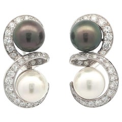 Solid White Gold White & Gray Tahitian Pearl Diamond Fancy Swirl Drop Earrings