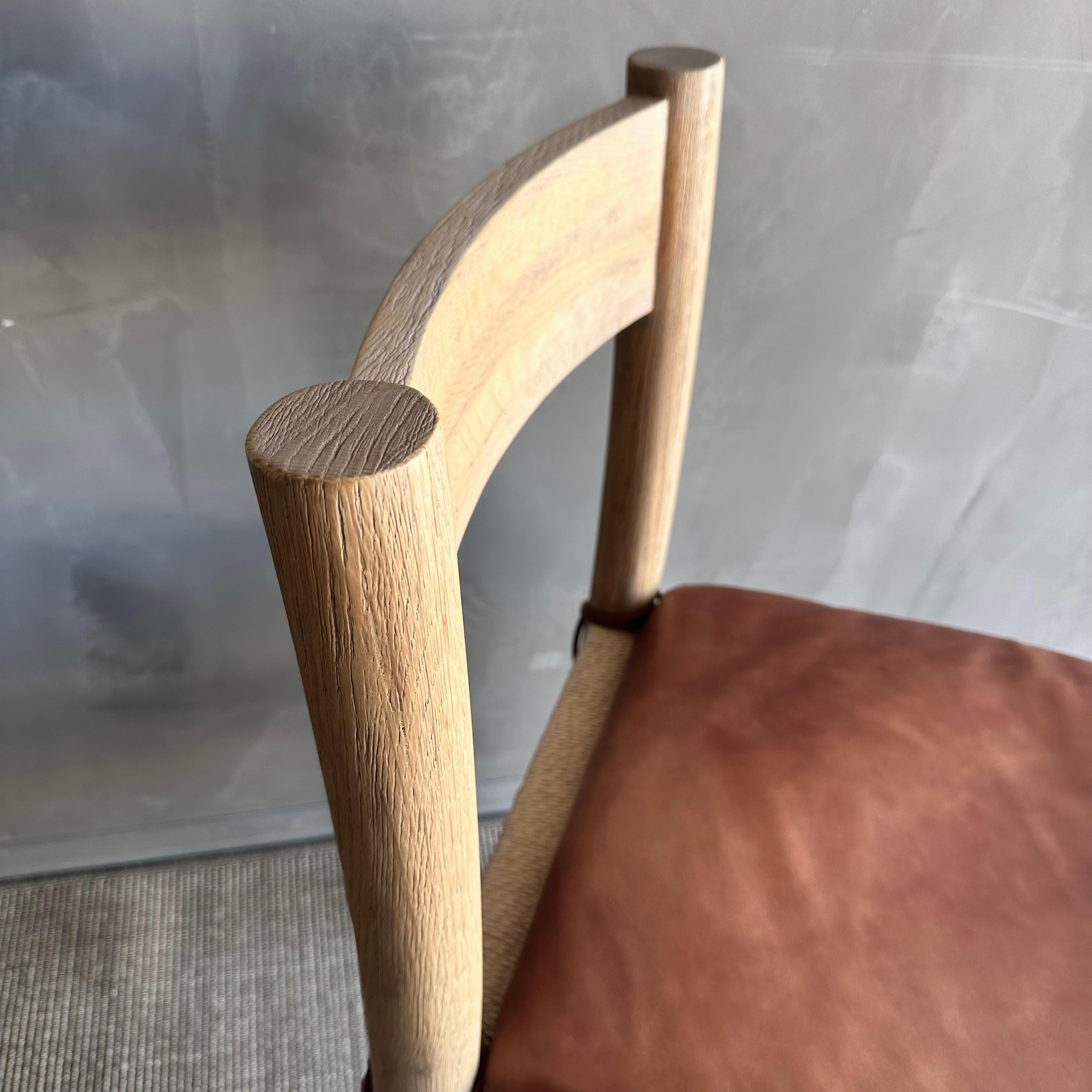 Solid White Oak Dining Chair with Woven Seat and Saddle Brown Leather Cushion For Sale 6