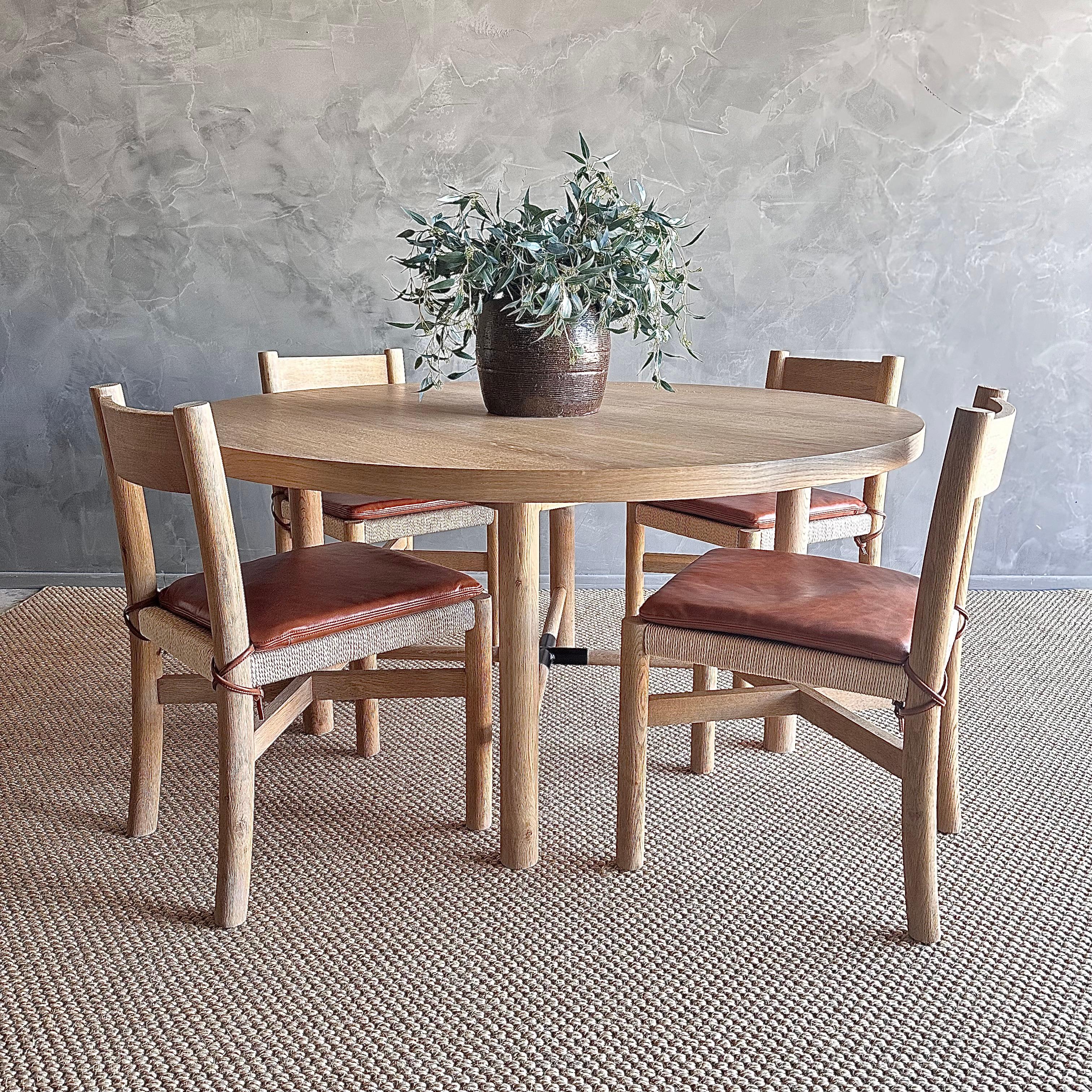 Solid White Oak Dining Chair with Woven Seat and Saddle Brown Leather Cushion For Sale 9