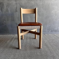 Solid White Oak Dining Chair with Woven Seat and Saddle Brown Leather Cushion