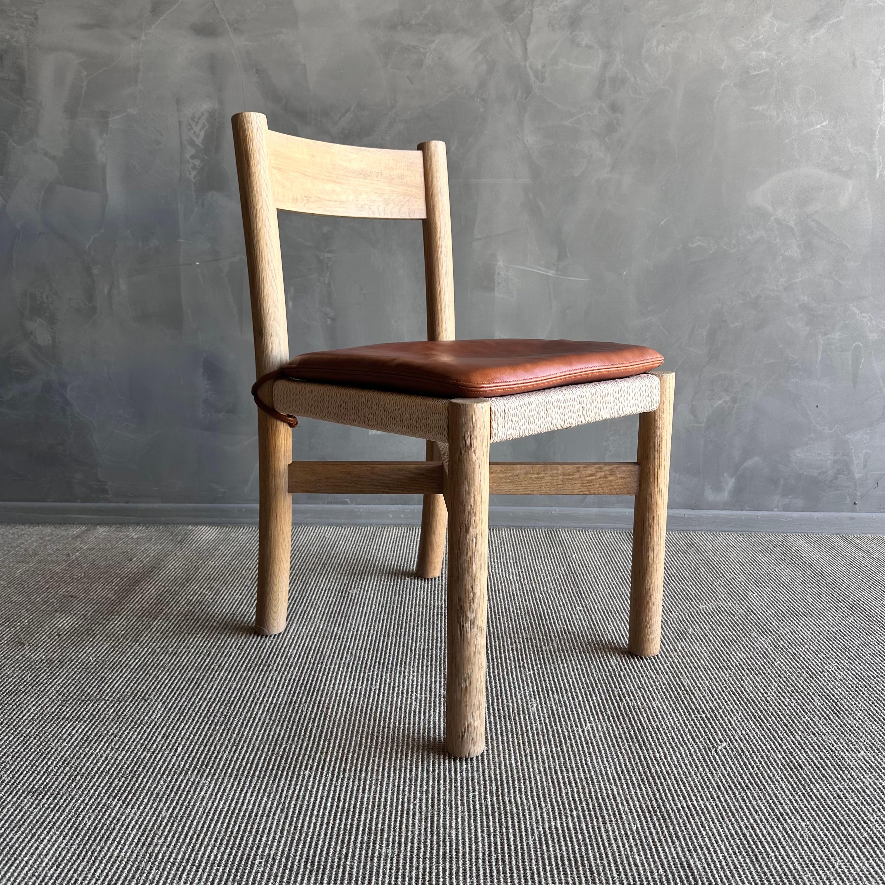 Solid White Oak Dining Chair with Woven Seat and Saddle Brown Leather Cushion In New Condition For Sale In Old Town Orange, CA