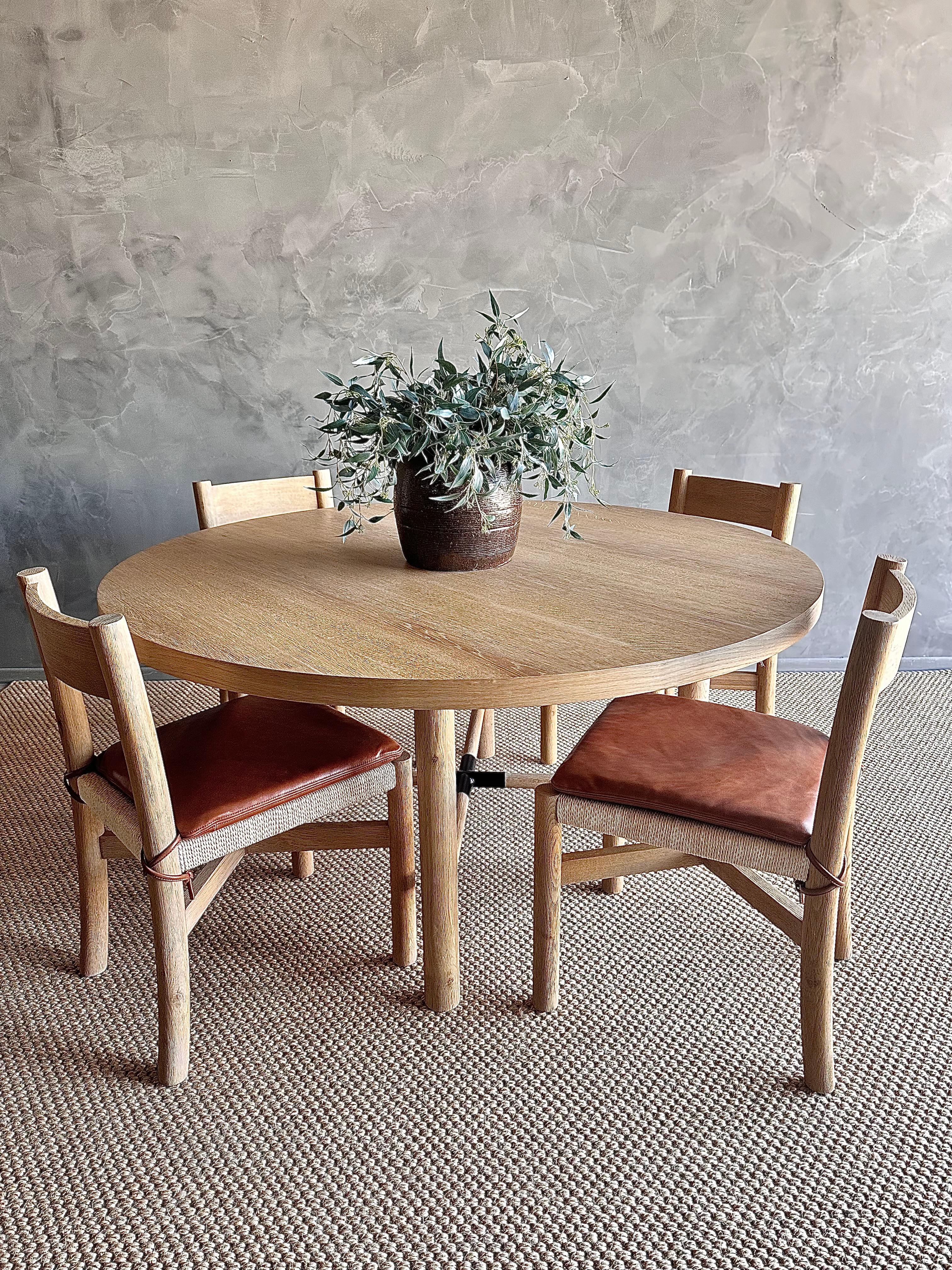 Organic Modern Solid White Oak Dining Chair with Woven Seat and Saddle Brown Leather Cushion For Sale