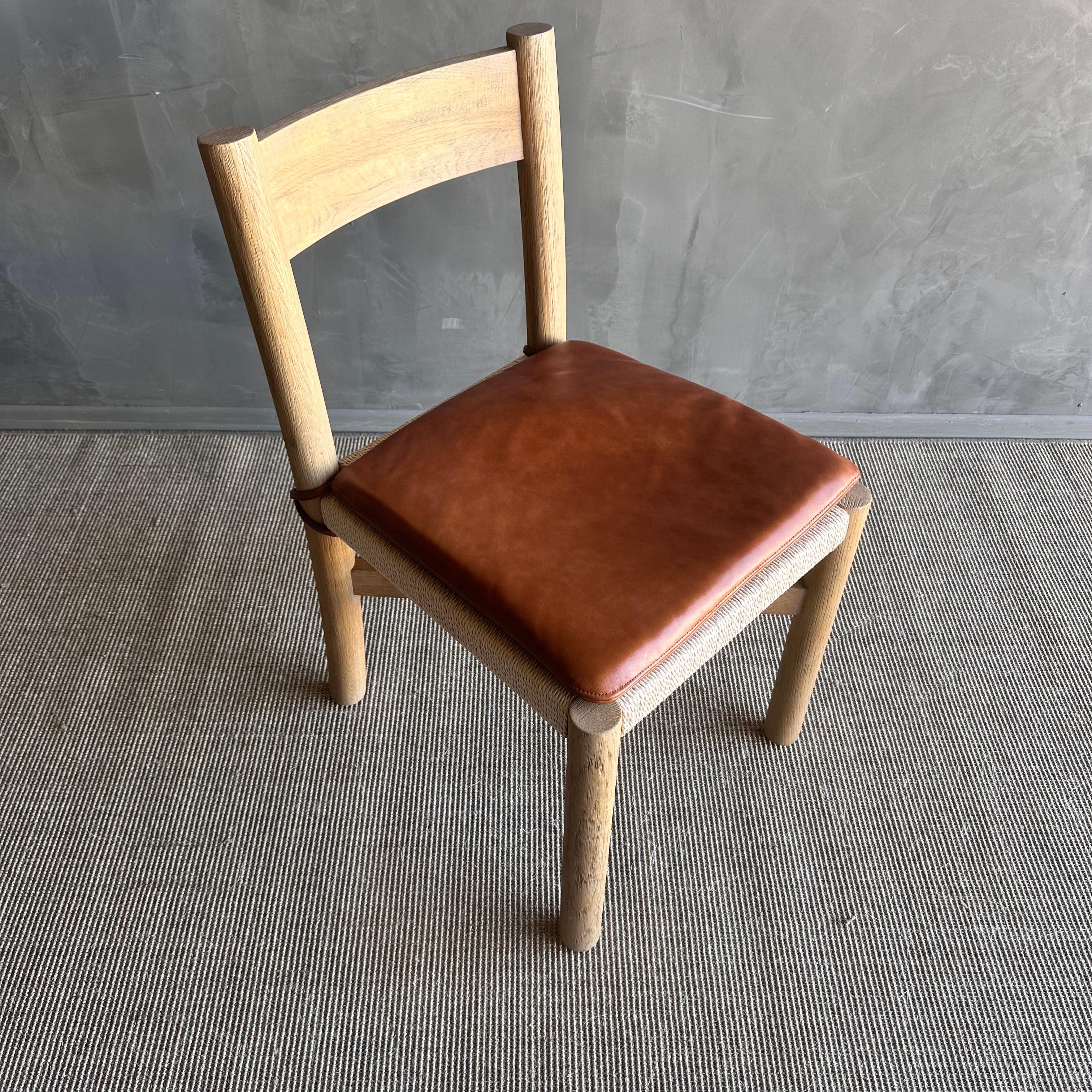 Solid White Oak Dining Chair with Woven Seat and Saddle Brown Leather Cushion For Sale 1