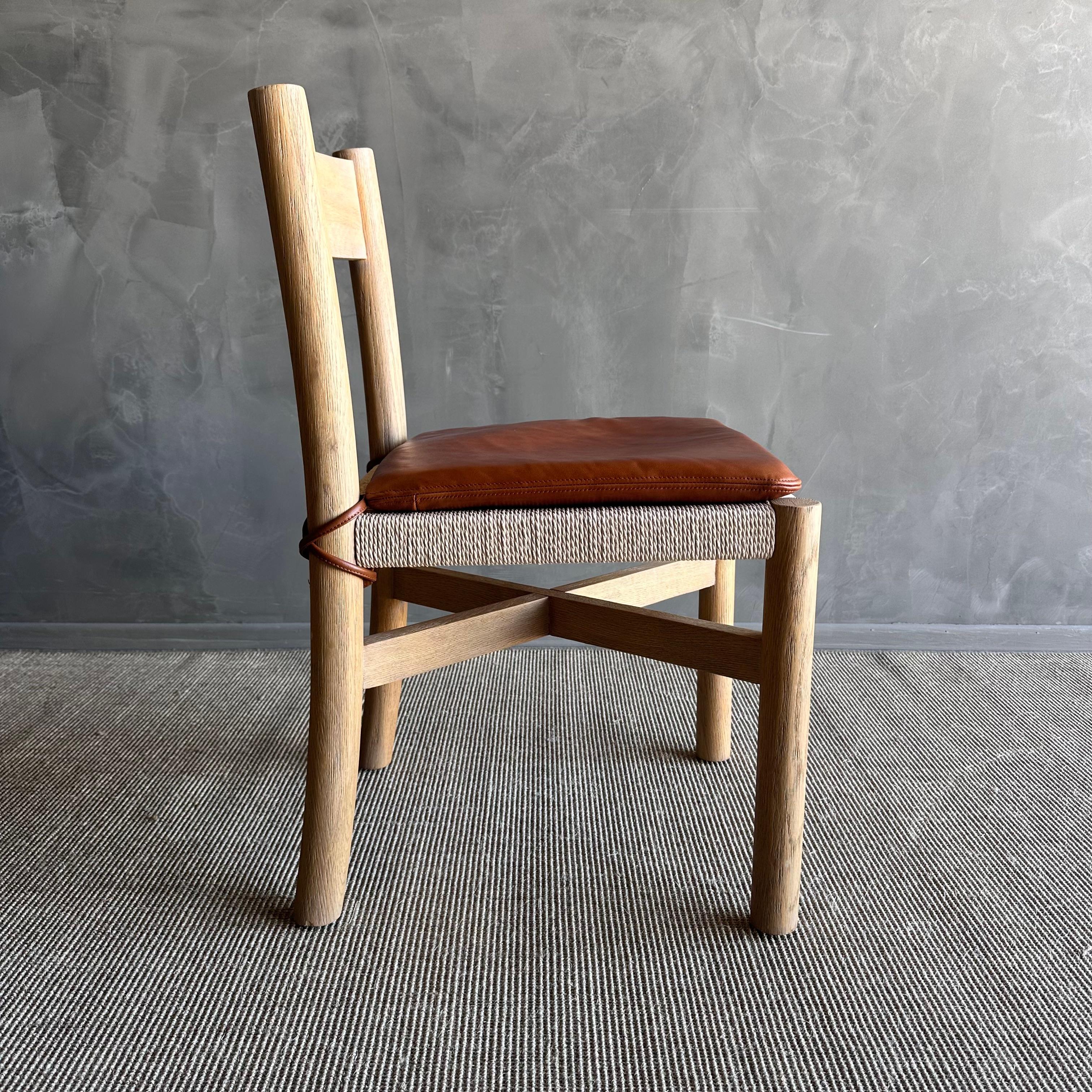 Solid White Oak Dining Chair with Woven Seat and Saddle Brown Leather Cushion For Sale 2