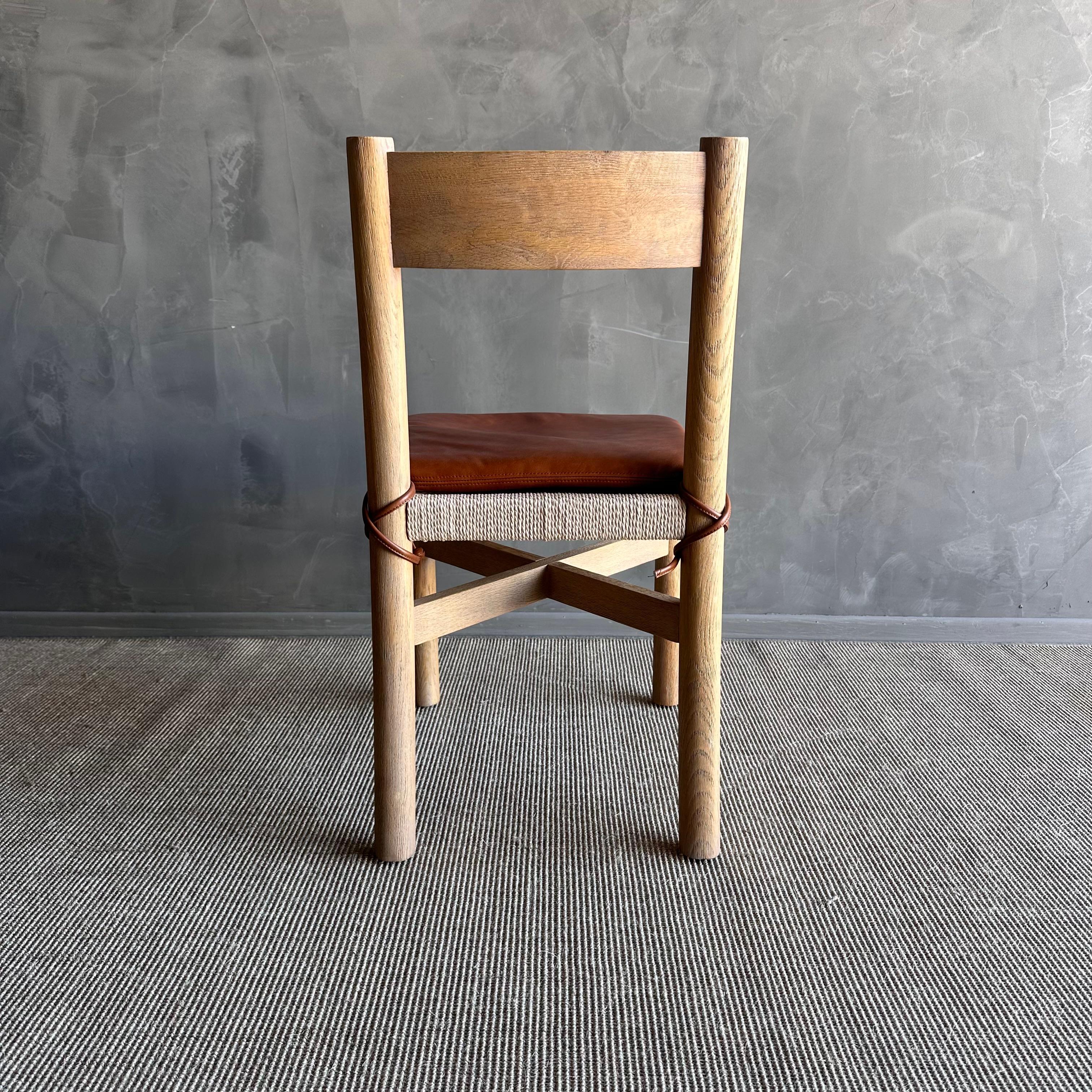 Solid White Oak Dining Chair with Woven Seat and Saddle Brown Leather Cushion For Sale 3