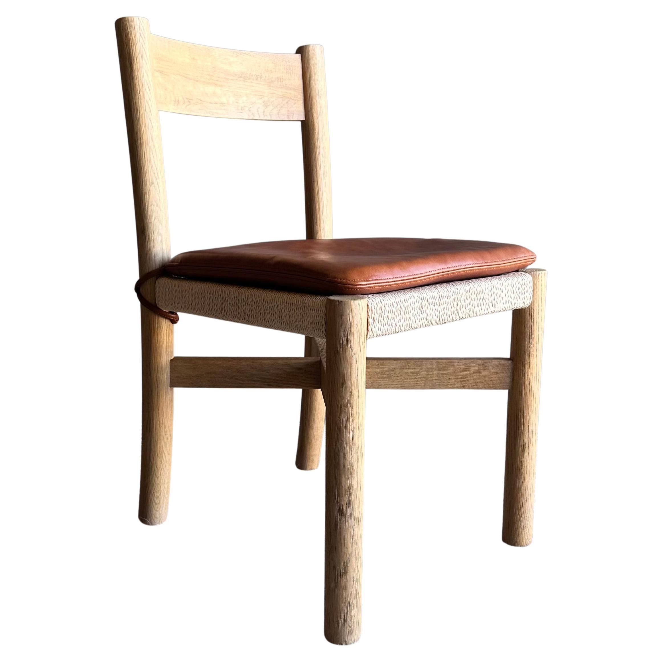 Solid White Oak Dining Chair with Woven Seat and Saddle Brown Leather Cushion