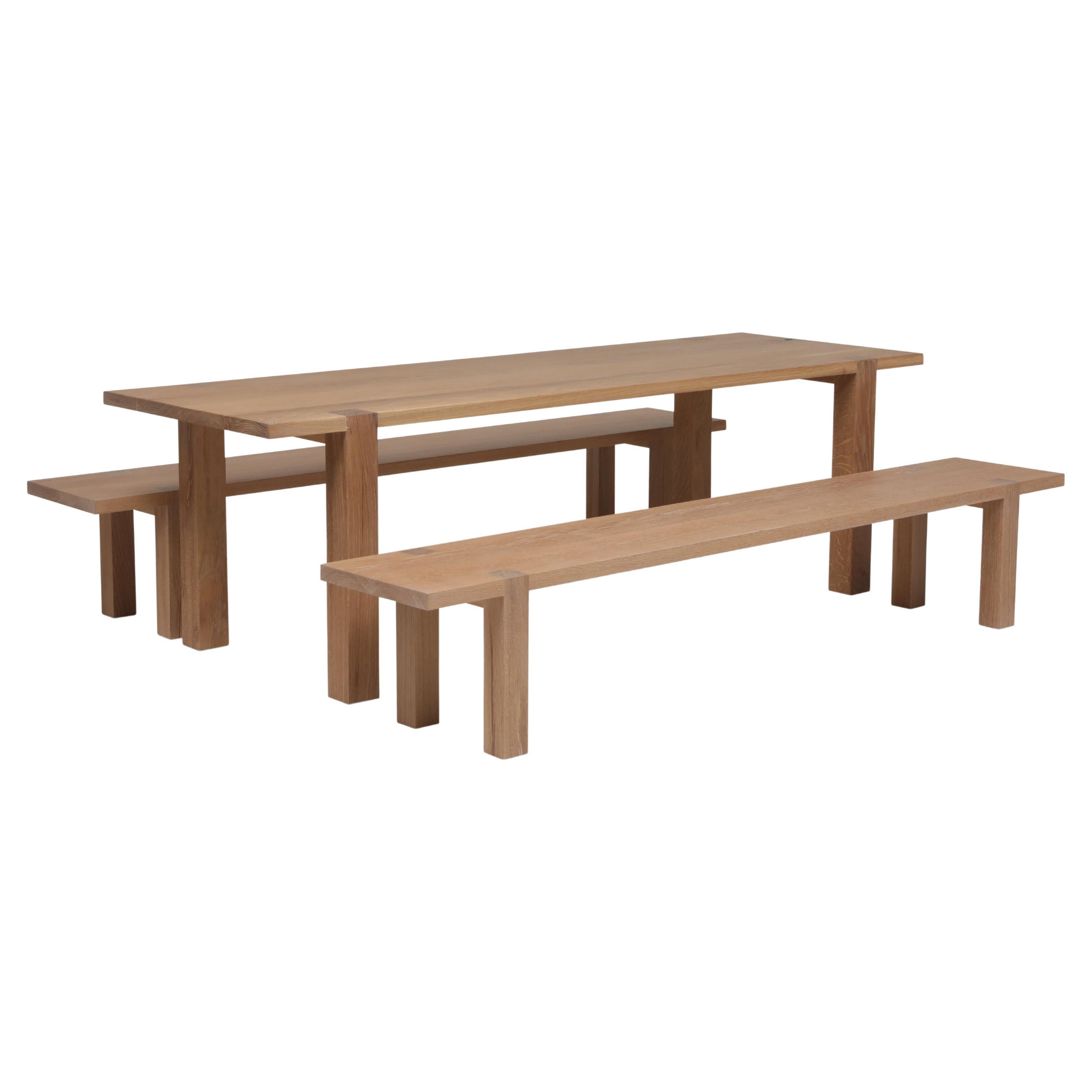 Solid White Oak Farm Style Dining Table with Two Solid White Oak Benches